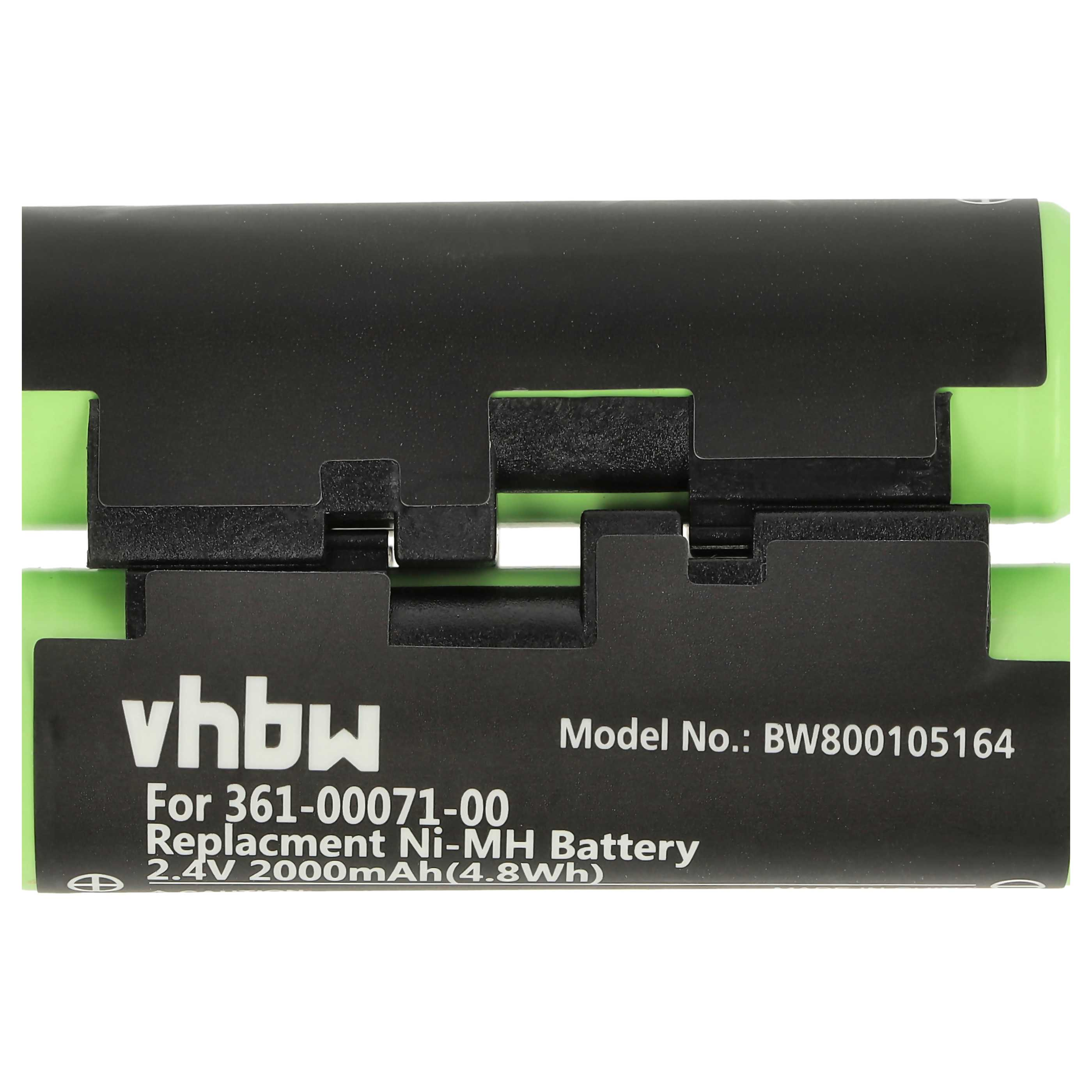Ein schwarzer Akku mit grünen Enden. Der Text lautet 'vhbw', 'Replacement Ni-MH Battery' und '2.4V 2000mAh'.
