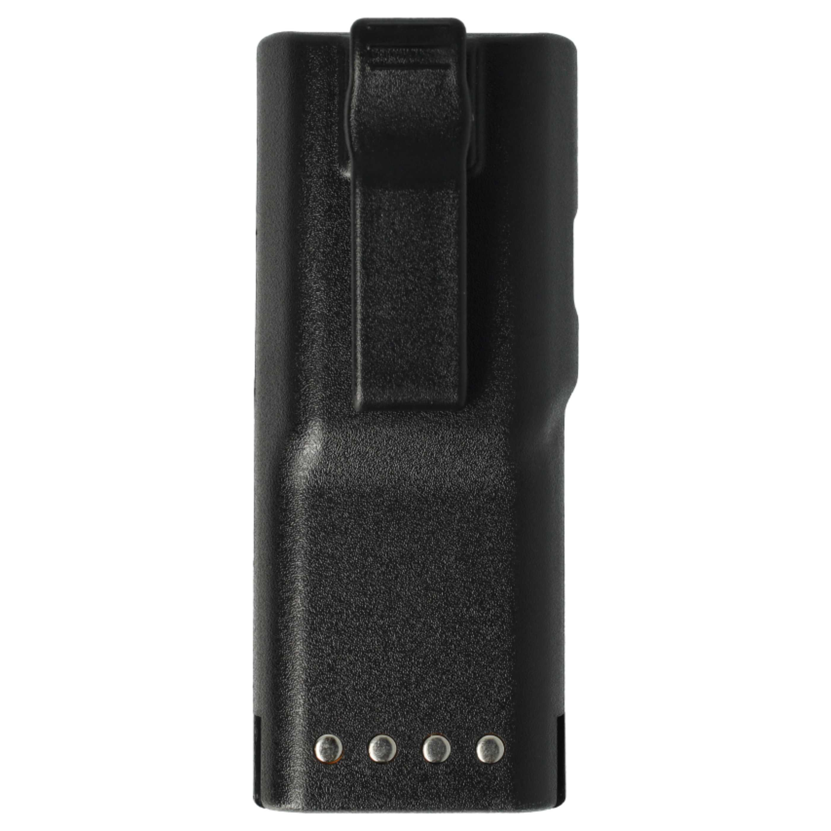 Ein schwarzes Funkbatteriepack mit Gürtelclip. Der Boden hat vier silberfarbene Kontaktpunkte.