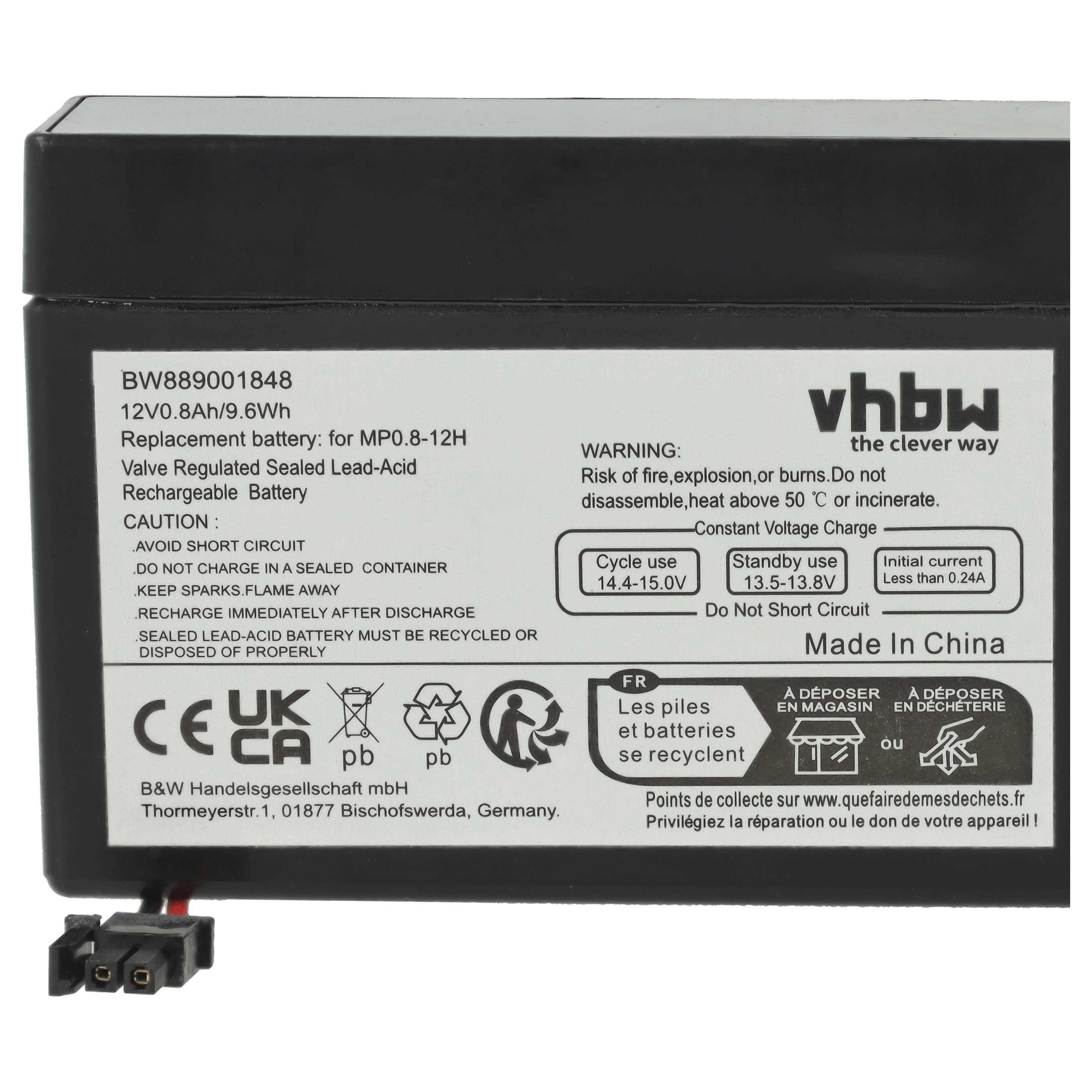 Ein schwarzer Akku mit weißem Text, Warnhinweisen und Recyclingsymbolen. Er hat einen Stecker und ist mit 'Made in China' beschriftet.