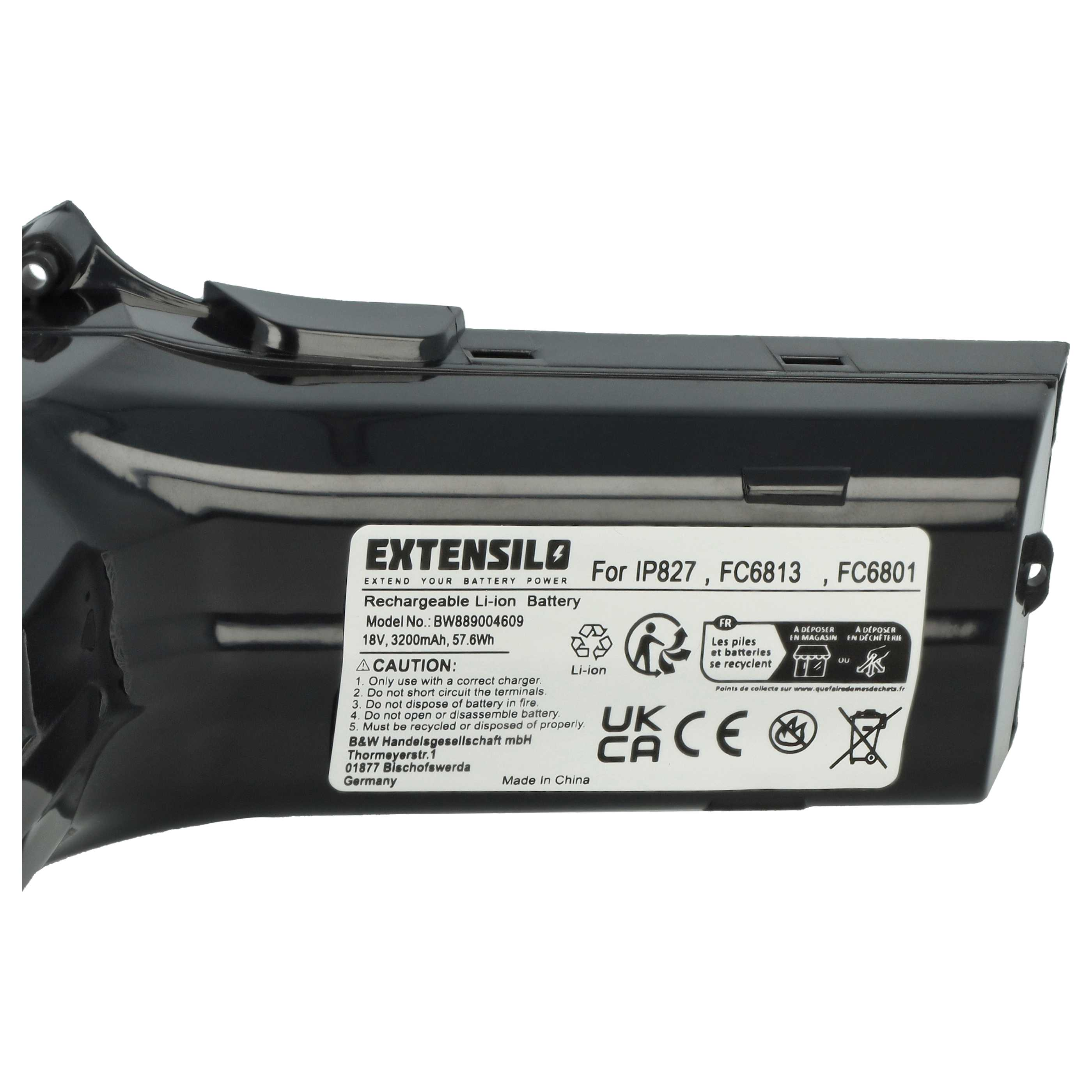 Schwarzer Akku mit weißem Etikett. Text lautet 'EXTENSILO' und 'Rechargeable Li-ion Battery'.