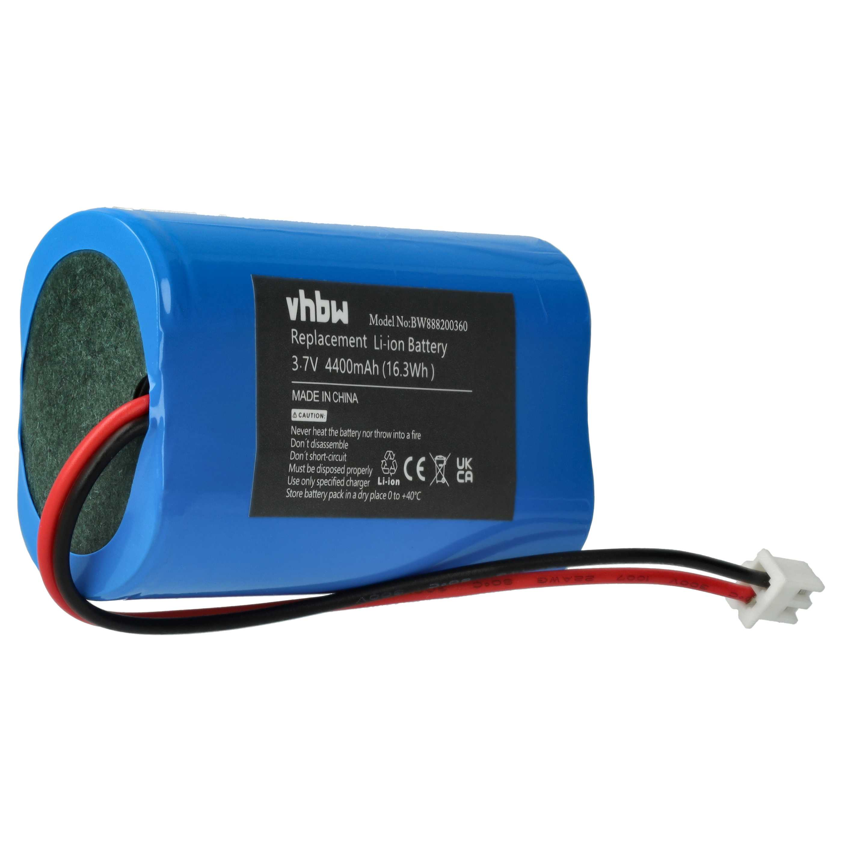 Ein blauer Li-Ionen-Akku mit roten und schwarzen Drähten. Auf ihm steht Ersatzbatterie, 3,7 V, 4400 mAh.