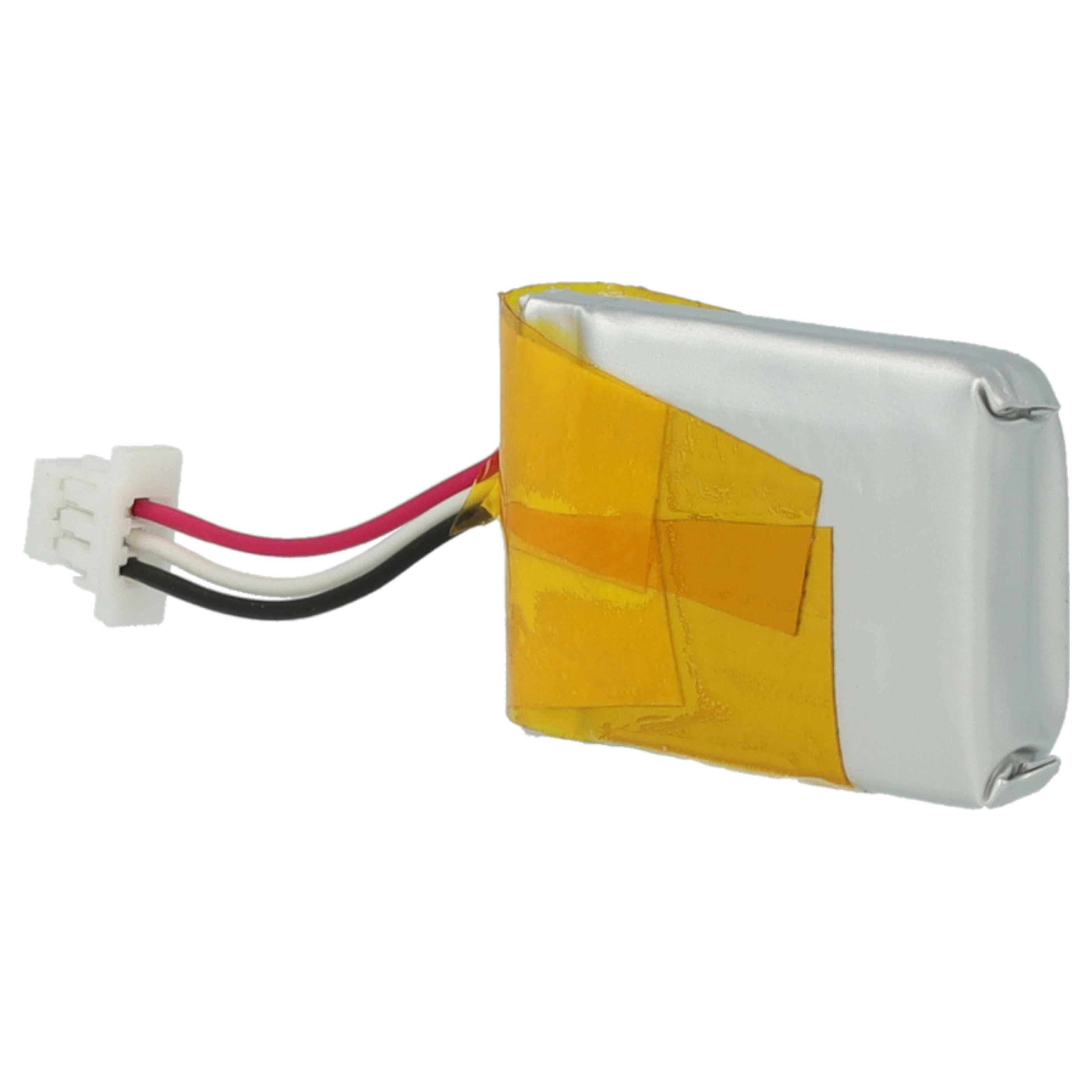 Ein kleiner rechteckiger Akku mit Drähten und einem Stecker. Es hat silberne Seiten, gelbes Klebeband und rote, schwarze und weiße Drähte.