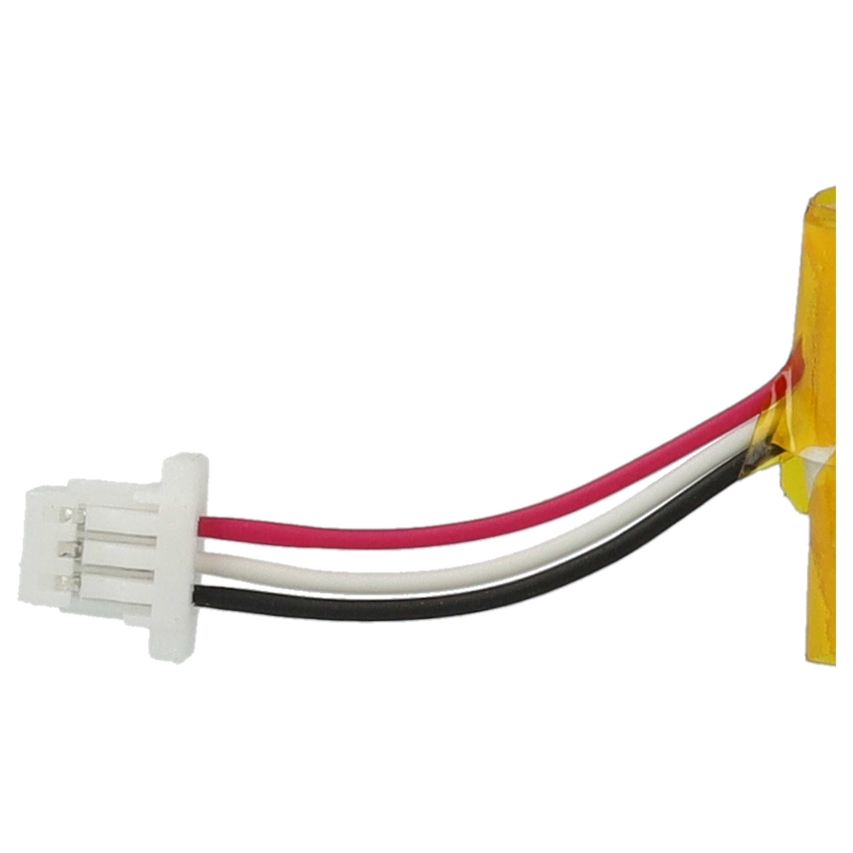 Ein weißer Stecker mit drei Stiften ist an rote, weiße und schwarze Drähte angeschlossen. Die Drähte sind mit einem gelben Objekt verbunden.