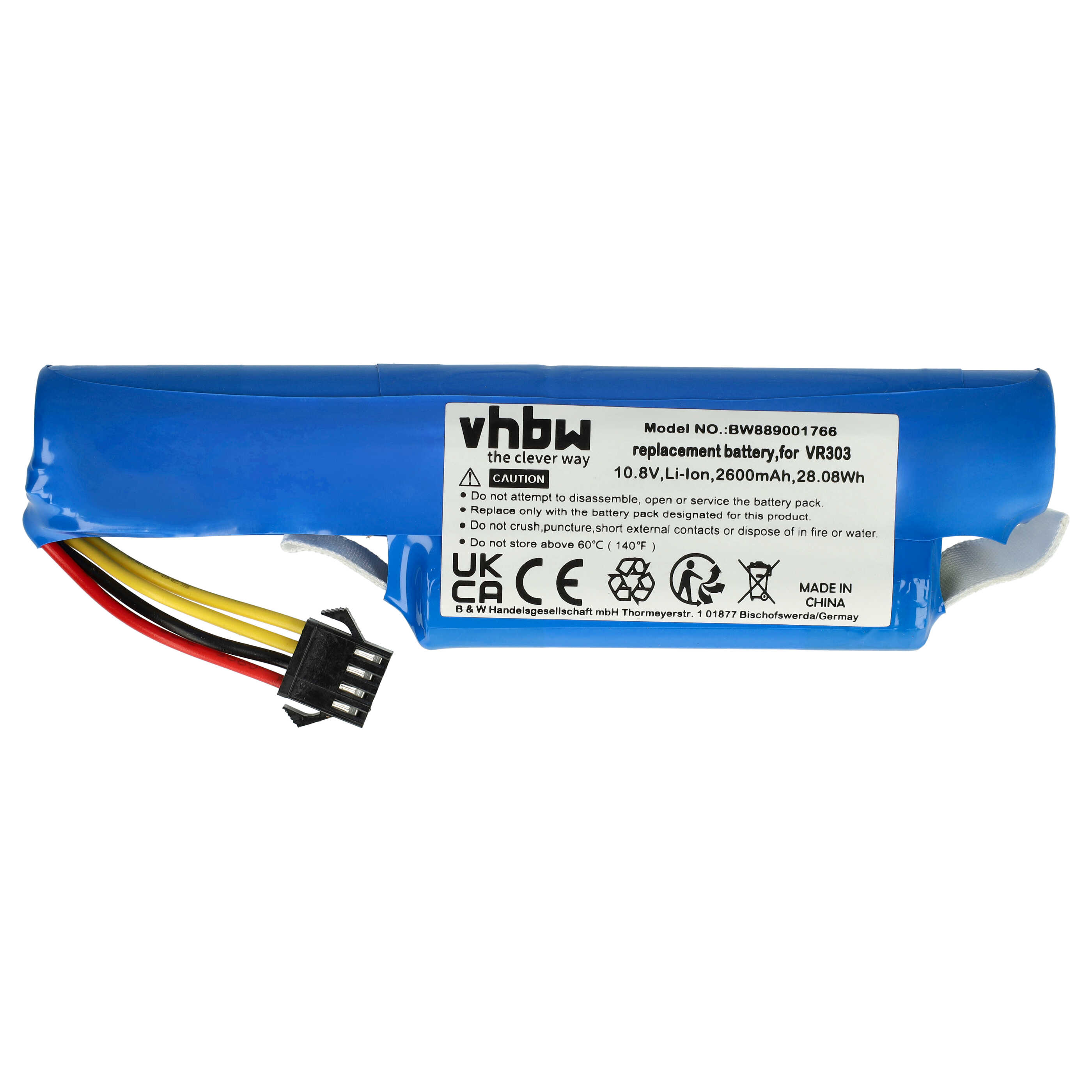 Blauer Ersatzakku mit schwarzem Stecker. Etiketten zeigen Warnungen, Modellinformationen und Herstellerdetails.