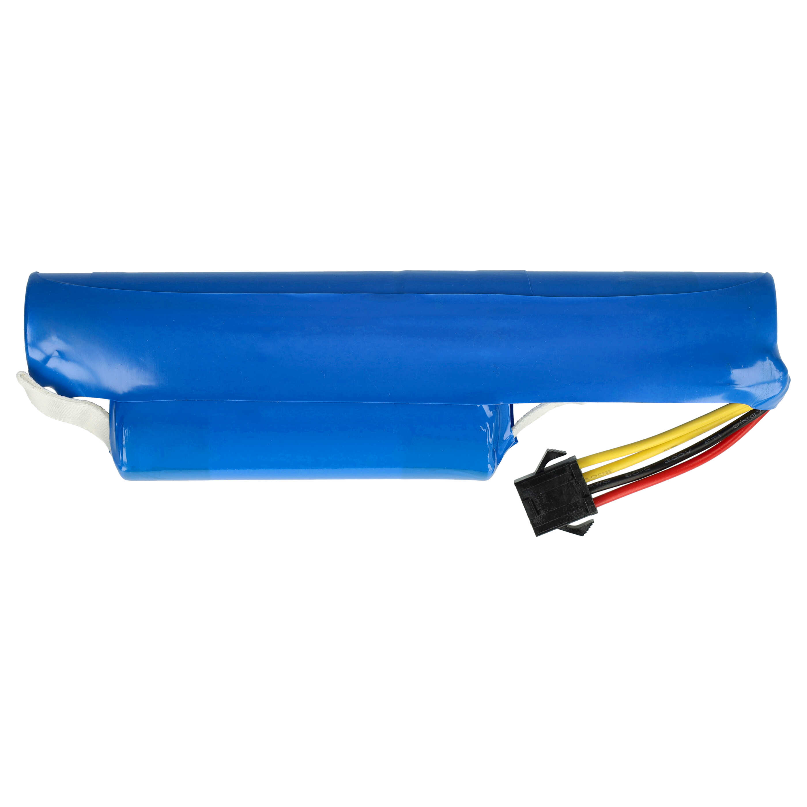 Ein blaues Batteriepack mit schwarzem Stecker und farbigen Drähten vor weißem Hintergrund.