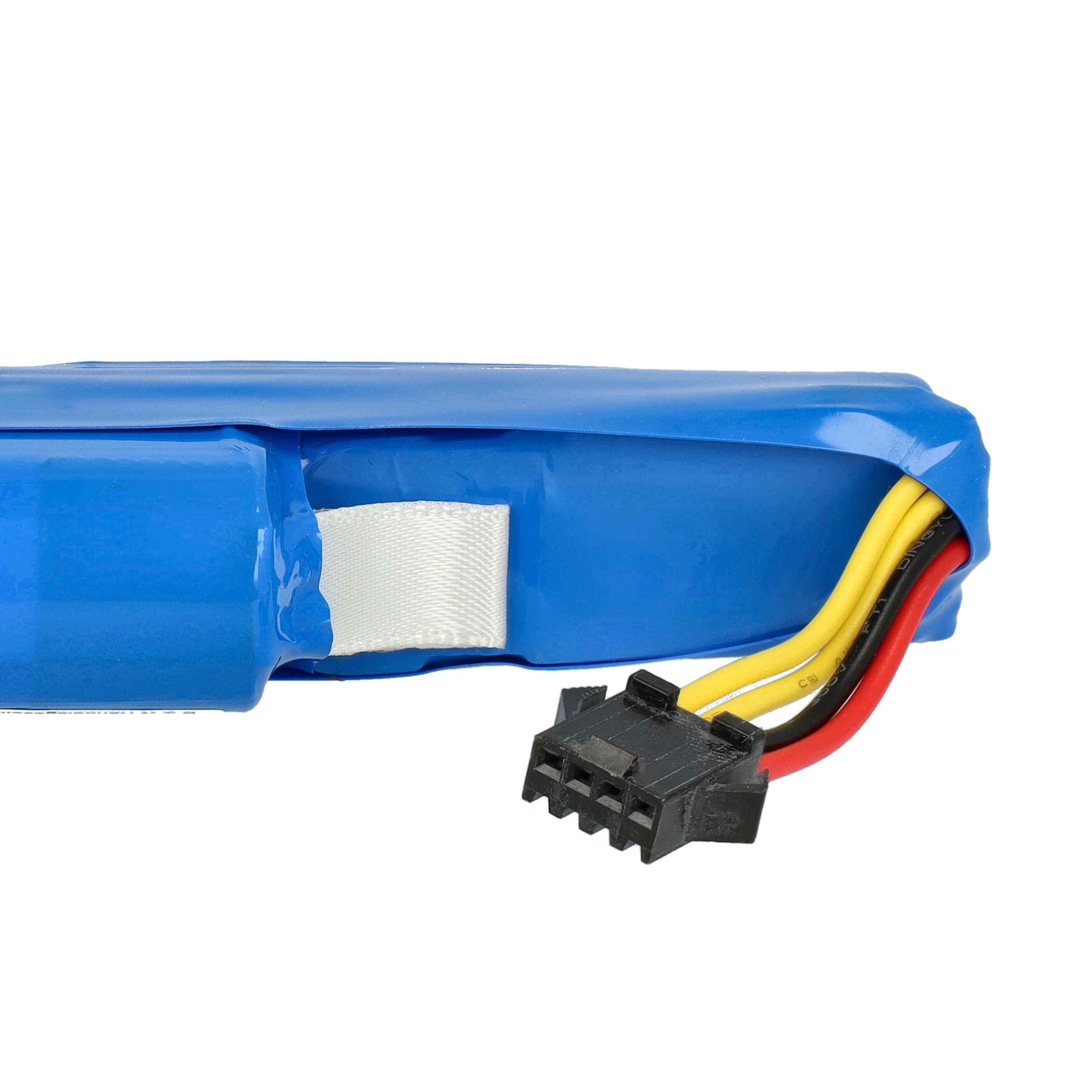 Ein blauer Akku mit Drähten und einem schwarzen Stecker. Die Drähte sind gelb, schwarz und rot. Weißer Hintergrund.