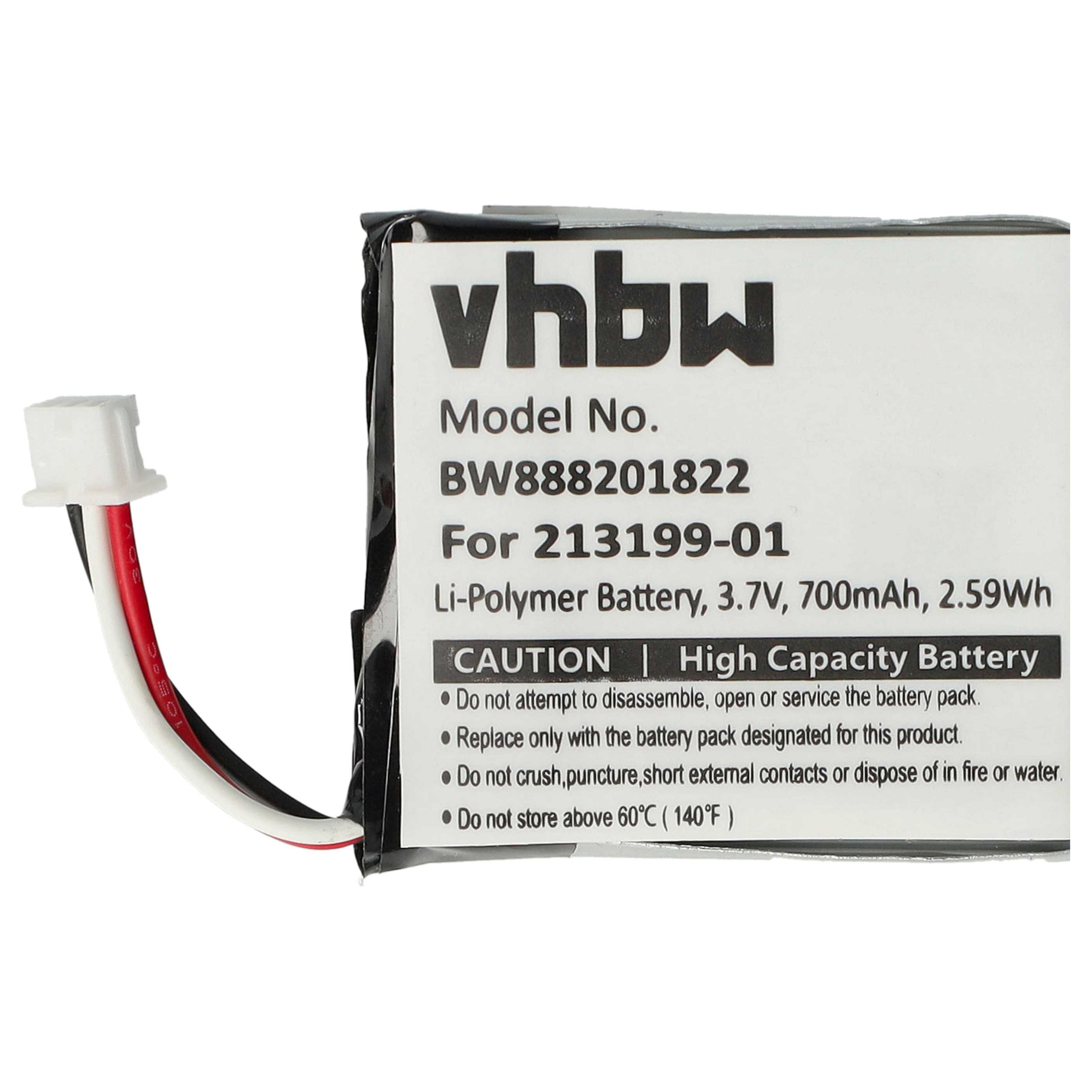 Batteriepack-Etikett. Text lautet 'vhbw', Modellnummer und Sicherheitshinweise. Drähte und ein weißer Stecker sind sichtbar.