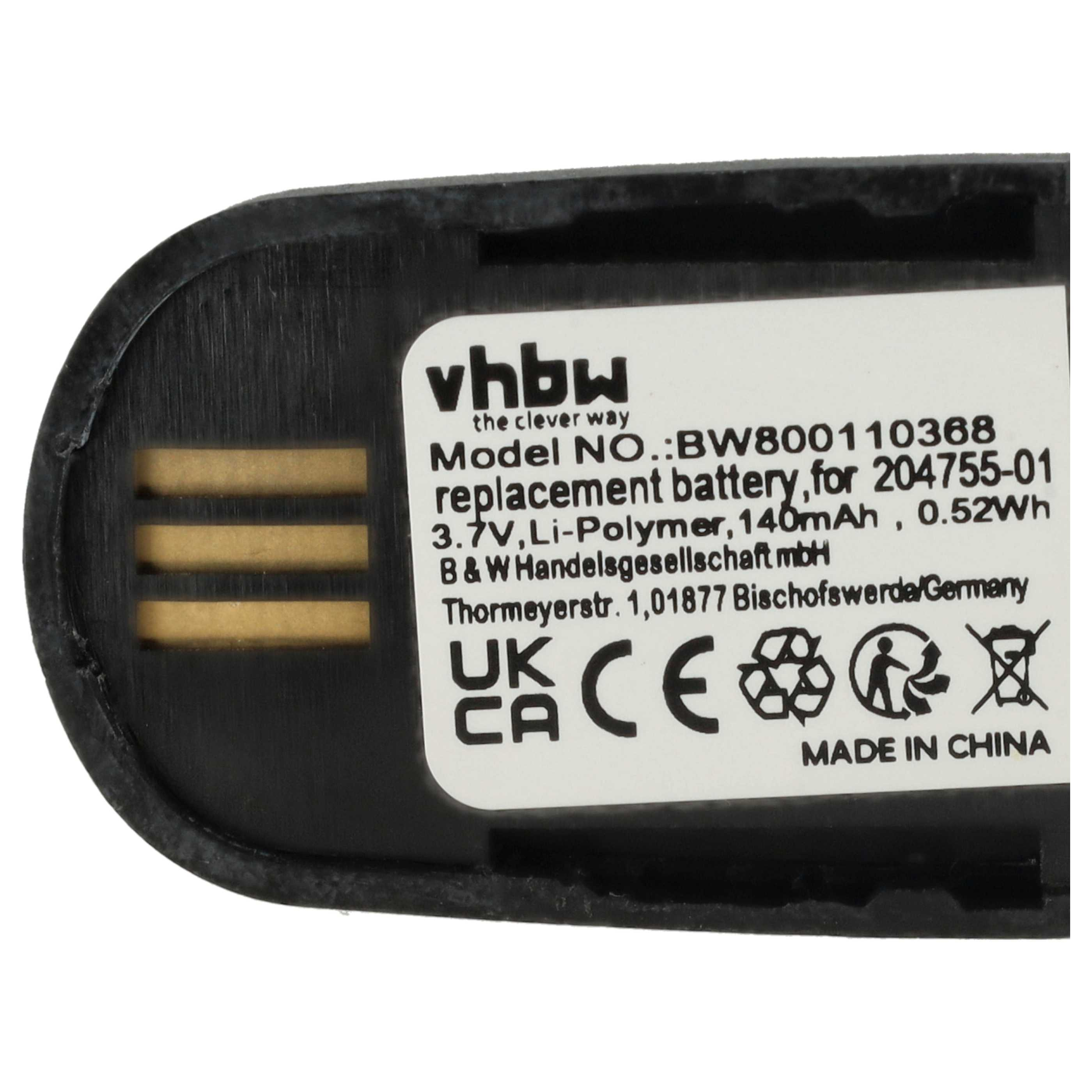 Schwarzer Akku mit weißem Etikett. Text enthält 'vhbw' und technische Details. Hergestellt in China.