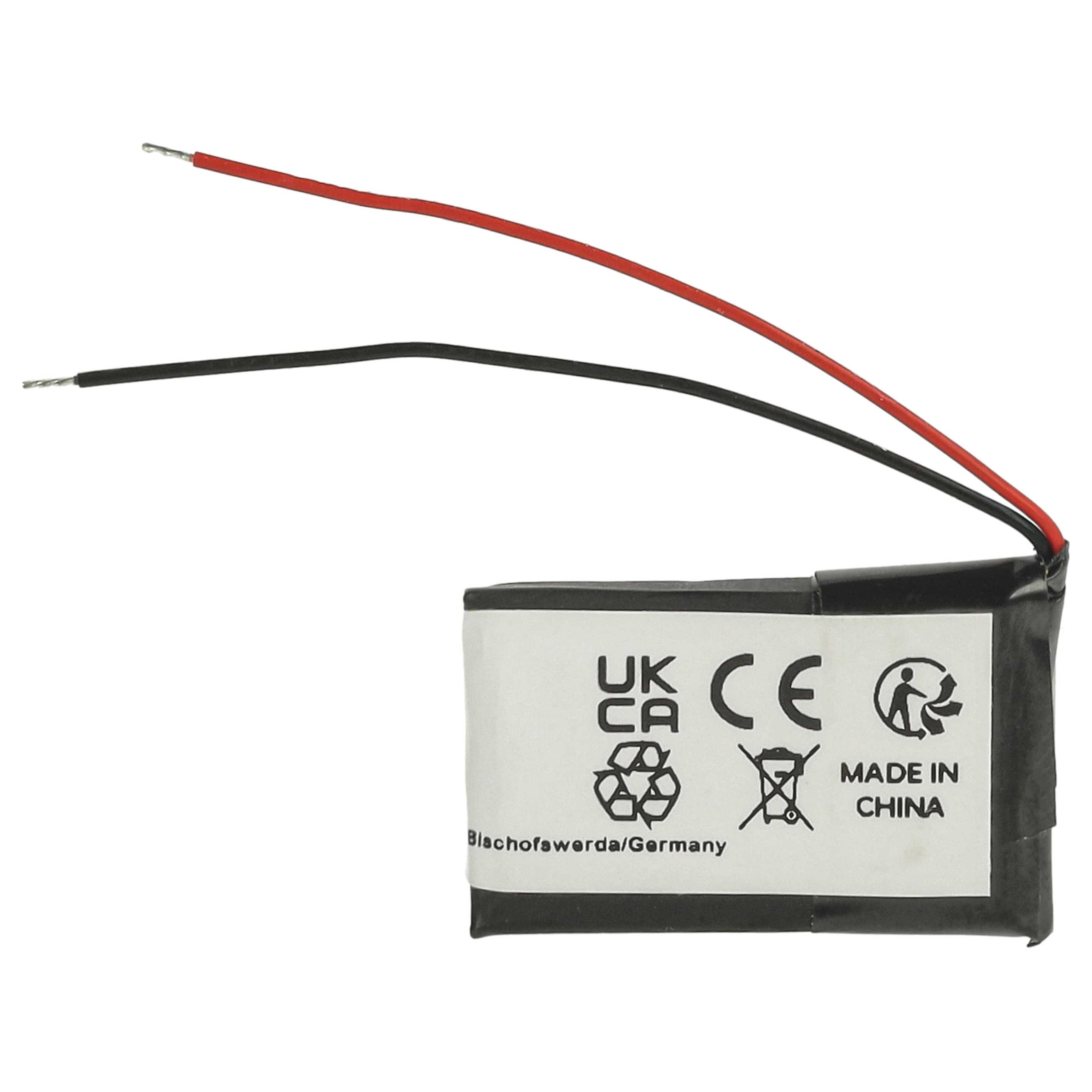Kleine Batterie mit roten und schwarzen Drähten. Enthält verschiedene Symbole und Text, darunter 'Made in China'.