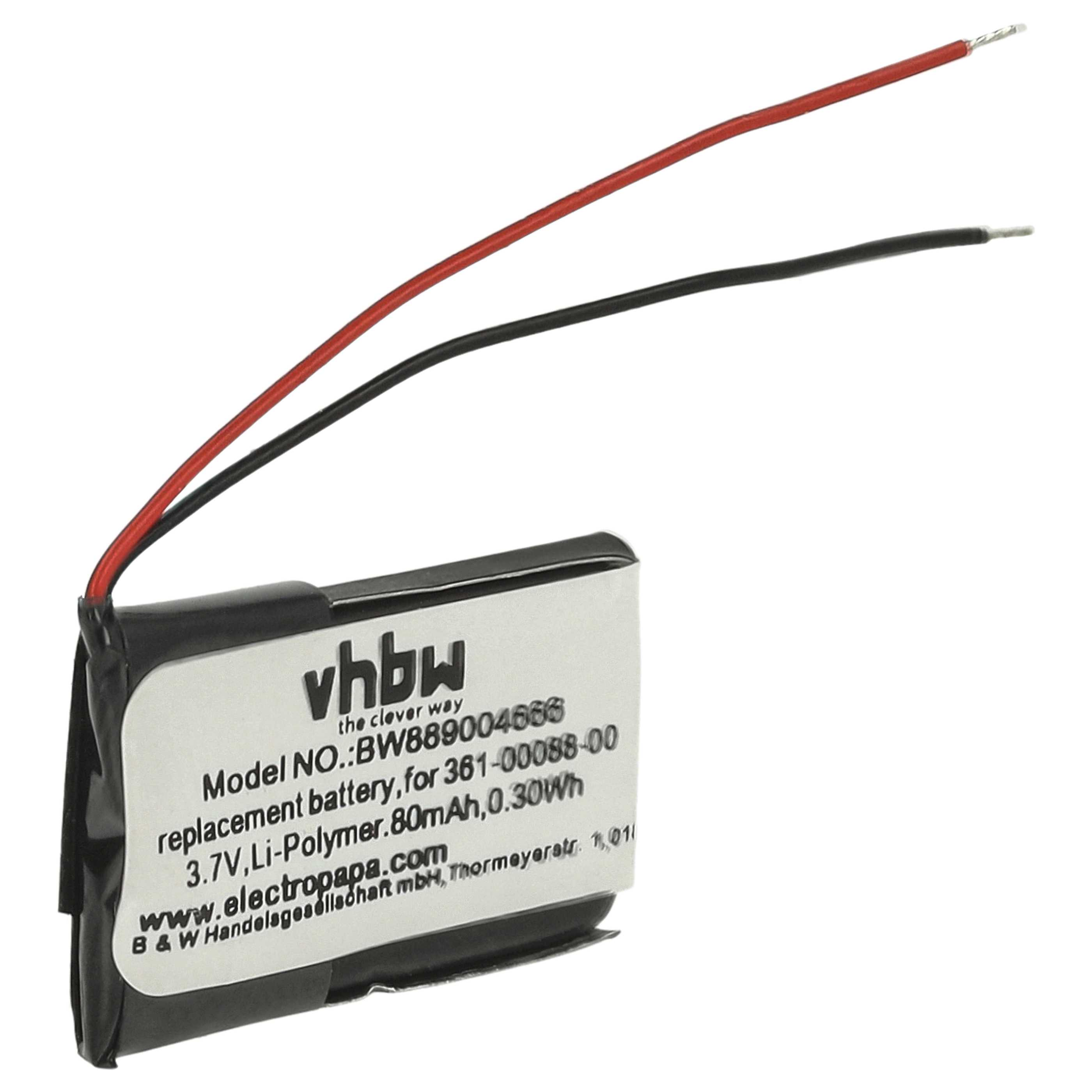 Ein schwarzer Akku mit roten und schwarzen Drähten. Text enthält 'vhbw', '3,7V, Li-Polymer' und andere Spezifikationen.