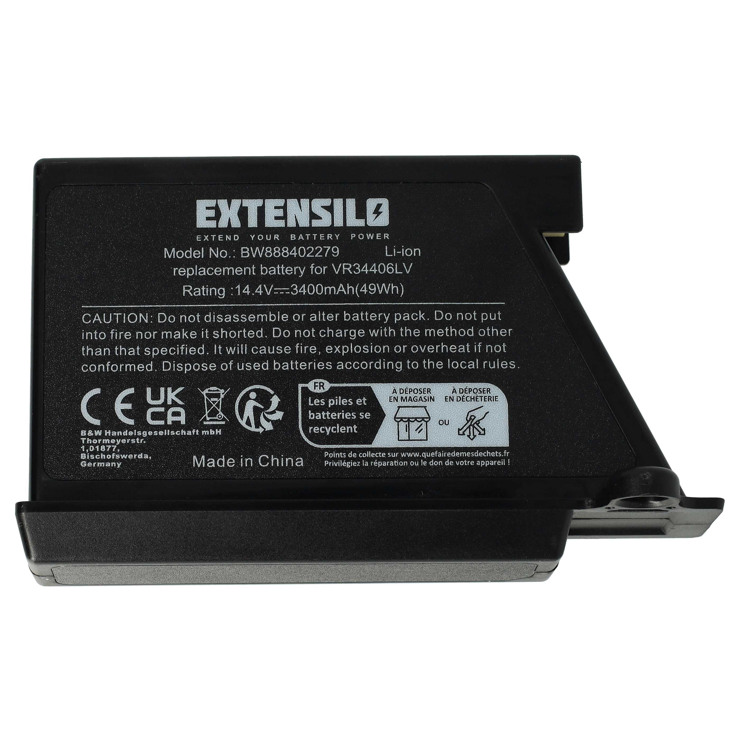 Schwarzer Extensilo-Akku. Text enthält Modell- und Warnhinweise. Recyclingsymbole und Made in China sind sichtbar.