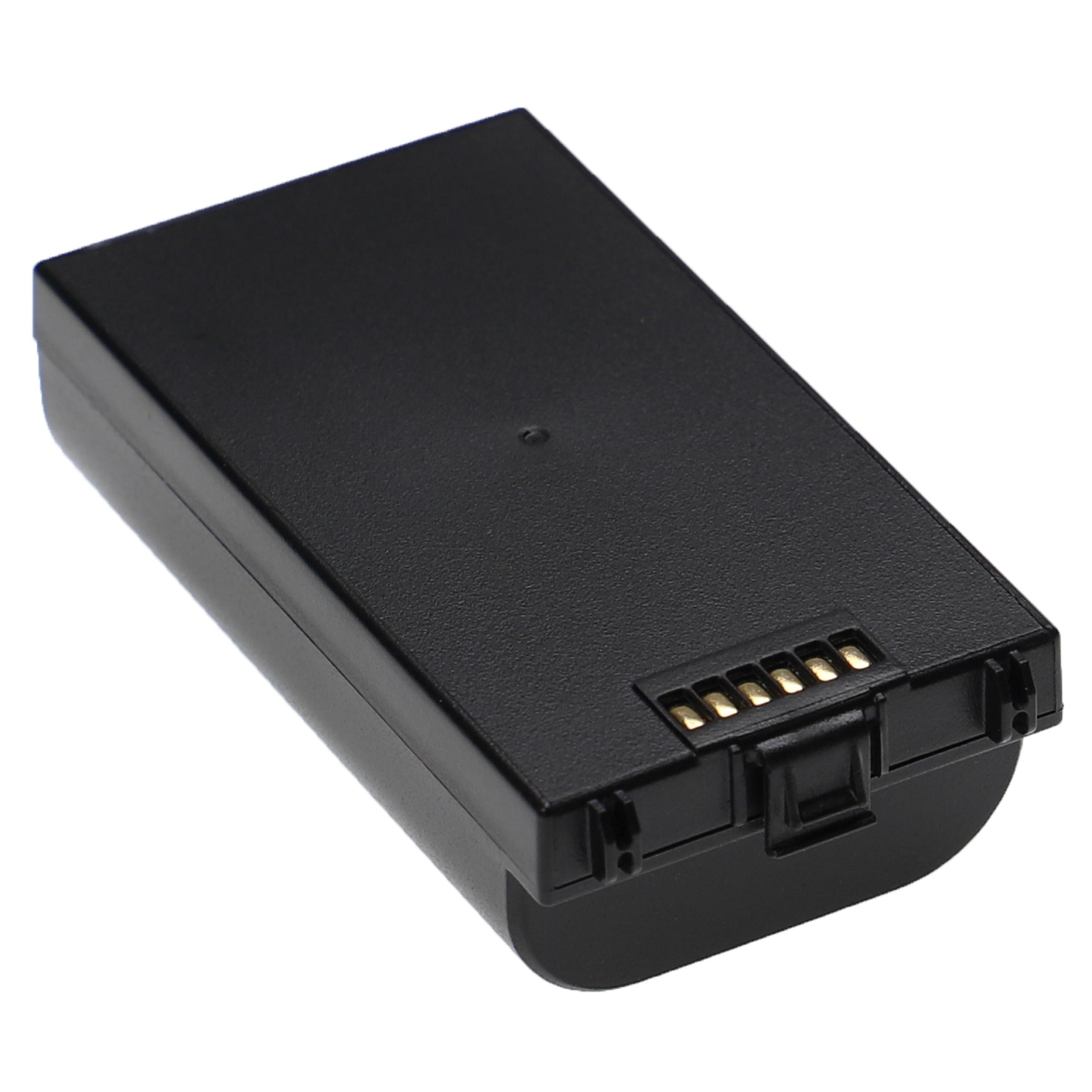 Ein schwarzer rechteckiger Akku mit goldenen Anschlüssen. Er befindet sich auf weißem Hintergrund. Die Batterie hat eine strukturierte Oberfläche.