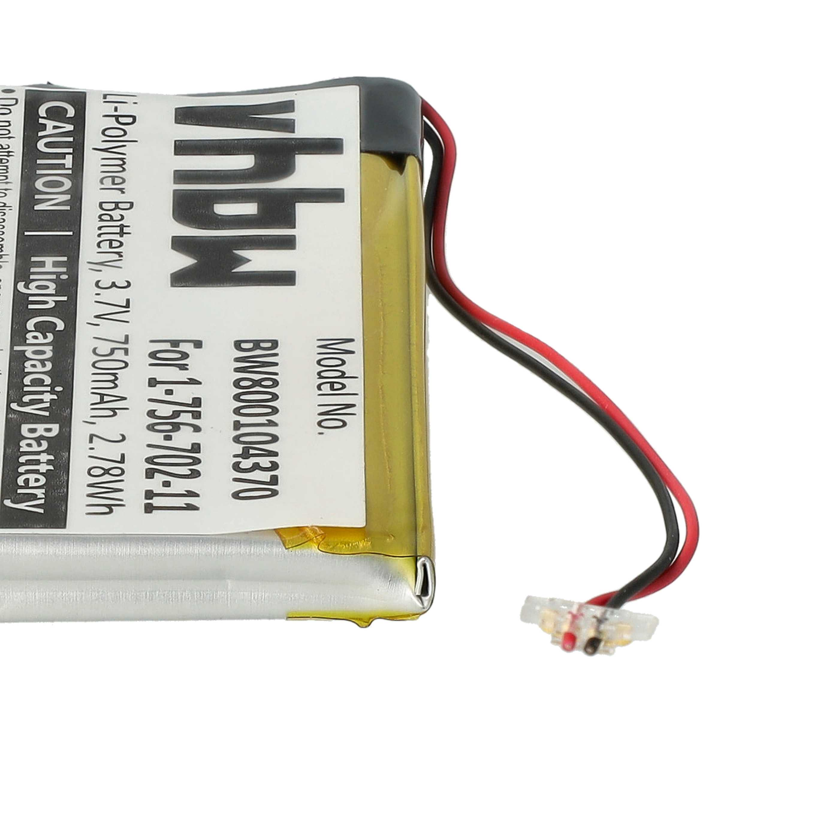 Ein Akku mit schwarzen und roten Drähten. Text: 'Li-Polymer-Akku, 3,7V, 750mAh, 2,78Wh' und 'Hochleistungsbatterie'.