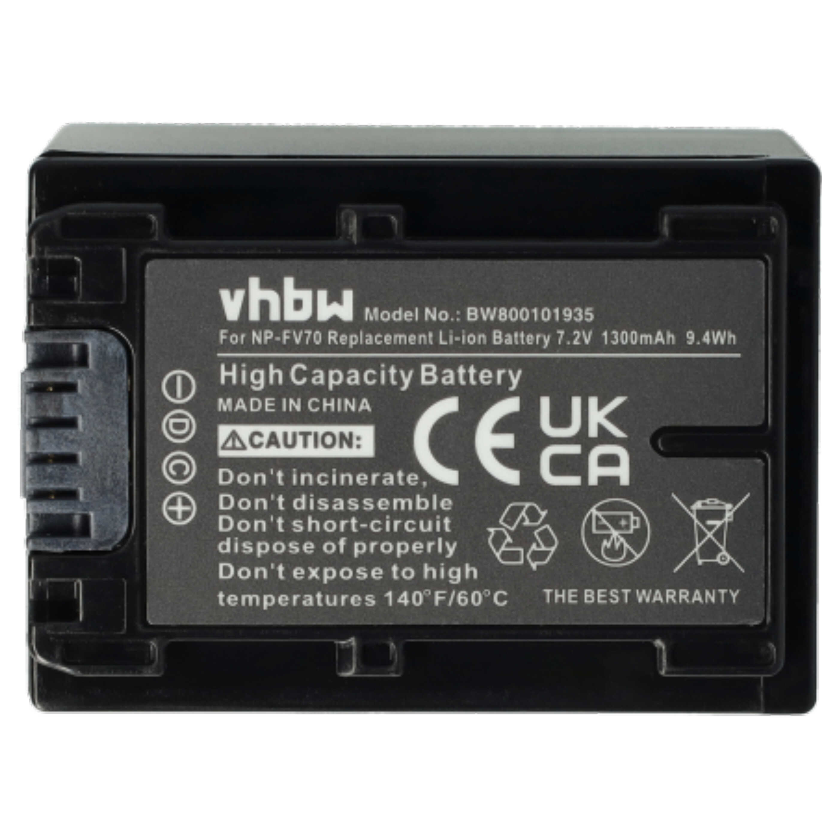 Schwarzer vhbw-Akku mit Etikett. Text enthält Modellinfo, Warnungen und Recyclingsymbole. Hergestellt in China.