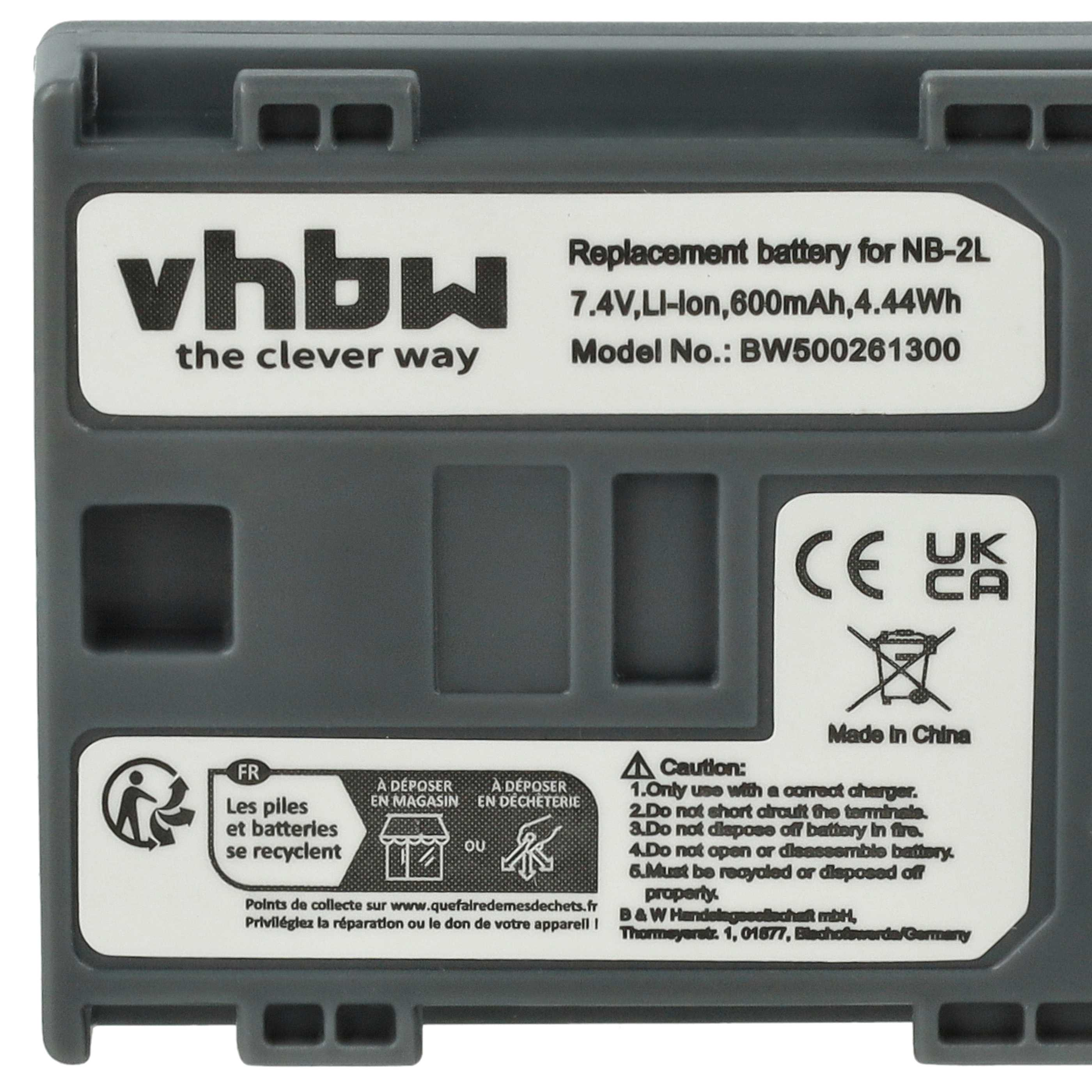 Akku mit Text: vhbw, Ersatzbatterie für NB-2L und Recyclingsymbole. Graues Gehäuse und weißes Etikett.
