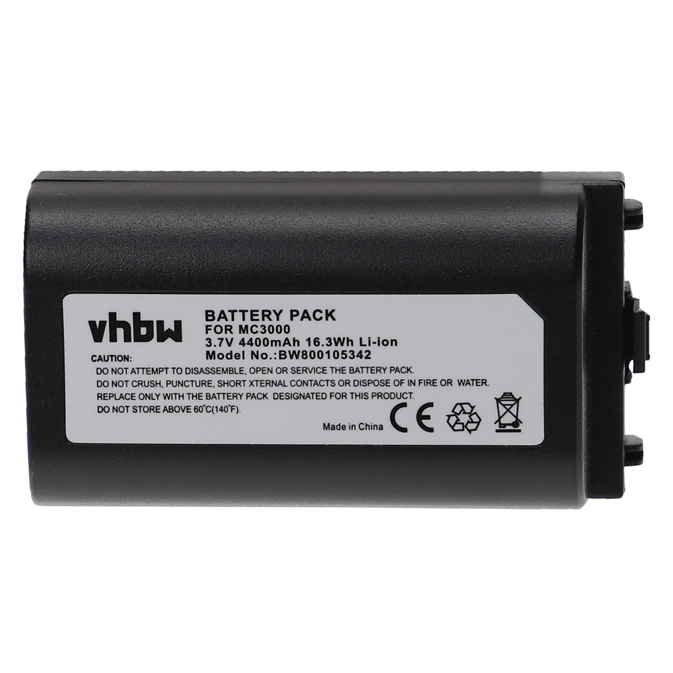 Schwarzer Akku mit weißem Etikett. Text enthält 'Battery Pack', '3.7V 4400mAh' und Warnsymbole.
