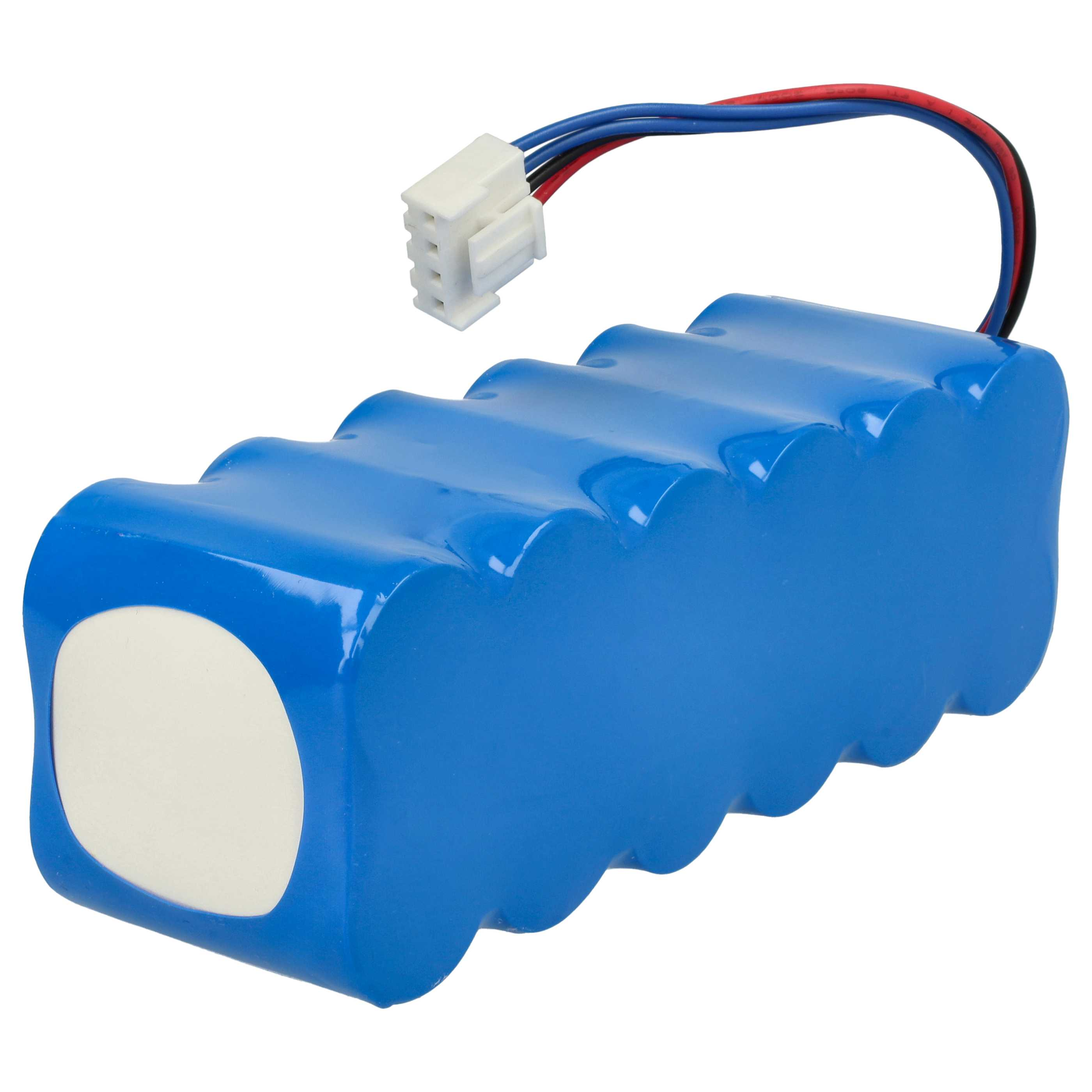 Ein blaues Batteriepack mit weißem Stecker und farbigen Drähten, isoliert auf weißem Hintergrund.