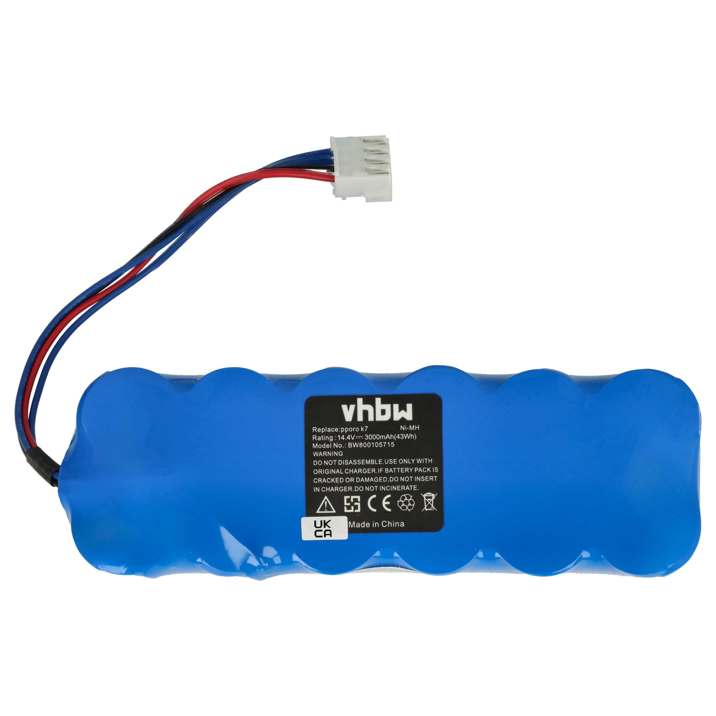 Blauer vhbw-Akkupack mit Kabeln und Stecker. Text auf der Packung enthält Warnhinweise und Spezifikationen.