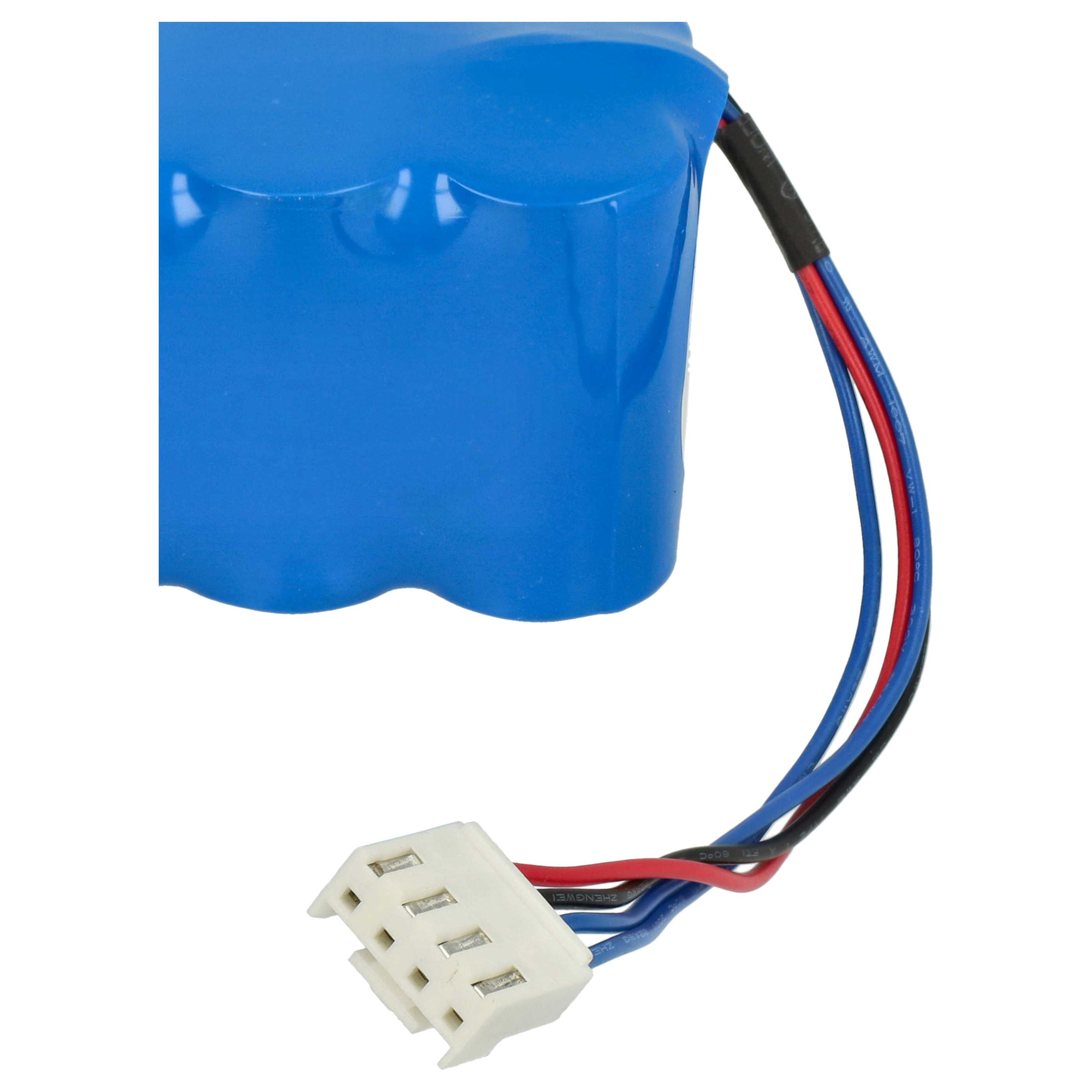 Blauer Akku mit roten, schwarzen und blauen Drähten, die mit einem weißen Stecker verbunden sind. Weißer Hintergrund.