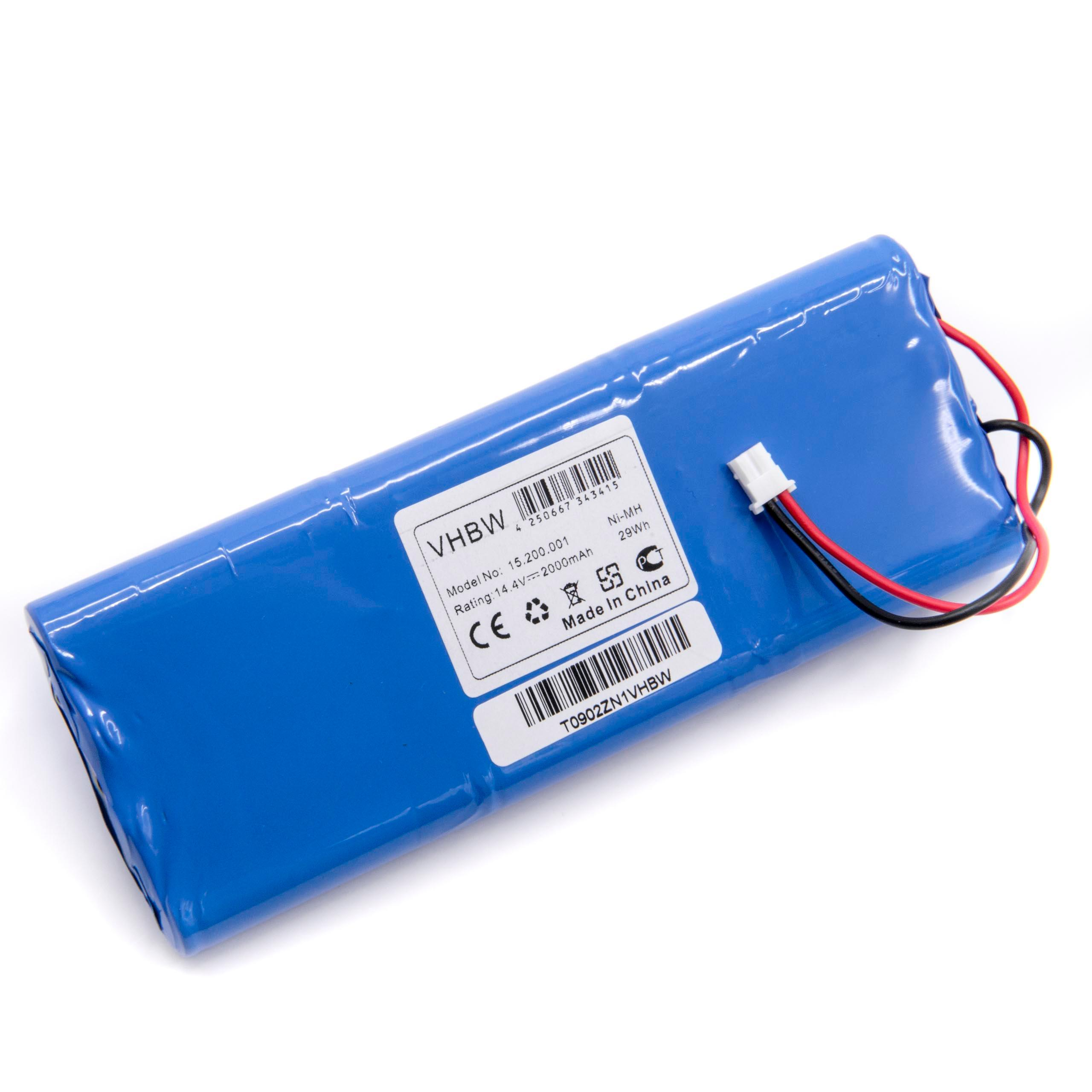 Ein blaues rechteckiges Akkupack mit Etiketten, Drähten und Anschlüssen vor weißem Hintergrund. Die Etiketten enthalten Text und einen Barcode.