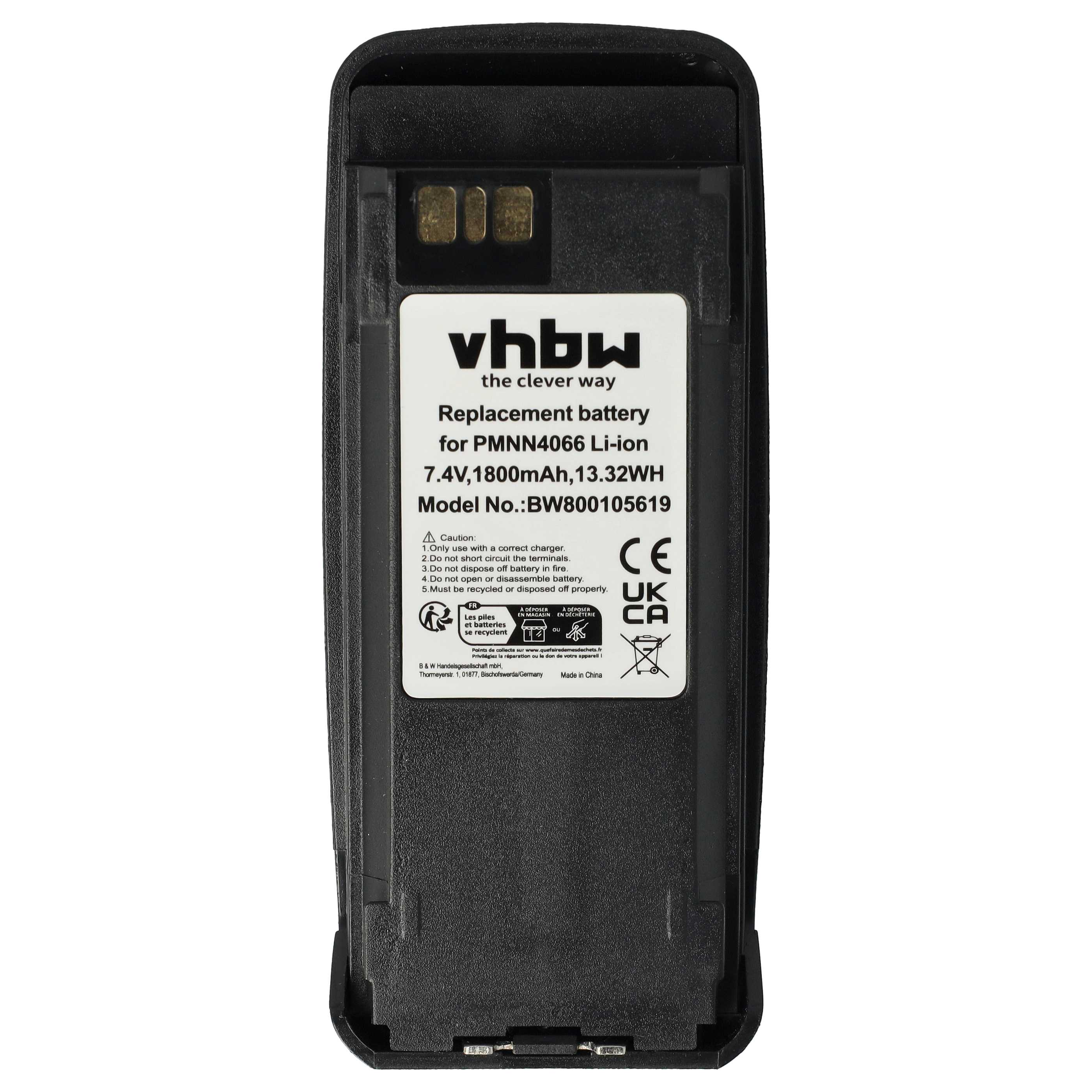 Ein schwarzer Akku mit weißem Text. Er trägt die Marke vhbw und Spezifikationen wie 7,4 V, 1800 mAh und Modellnummer.