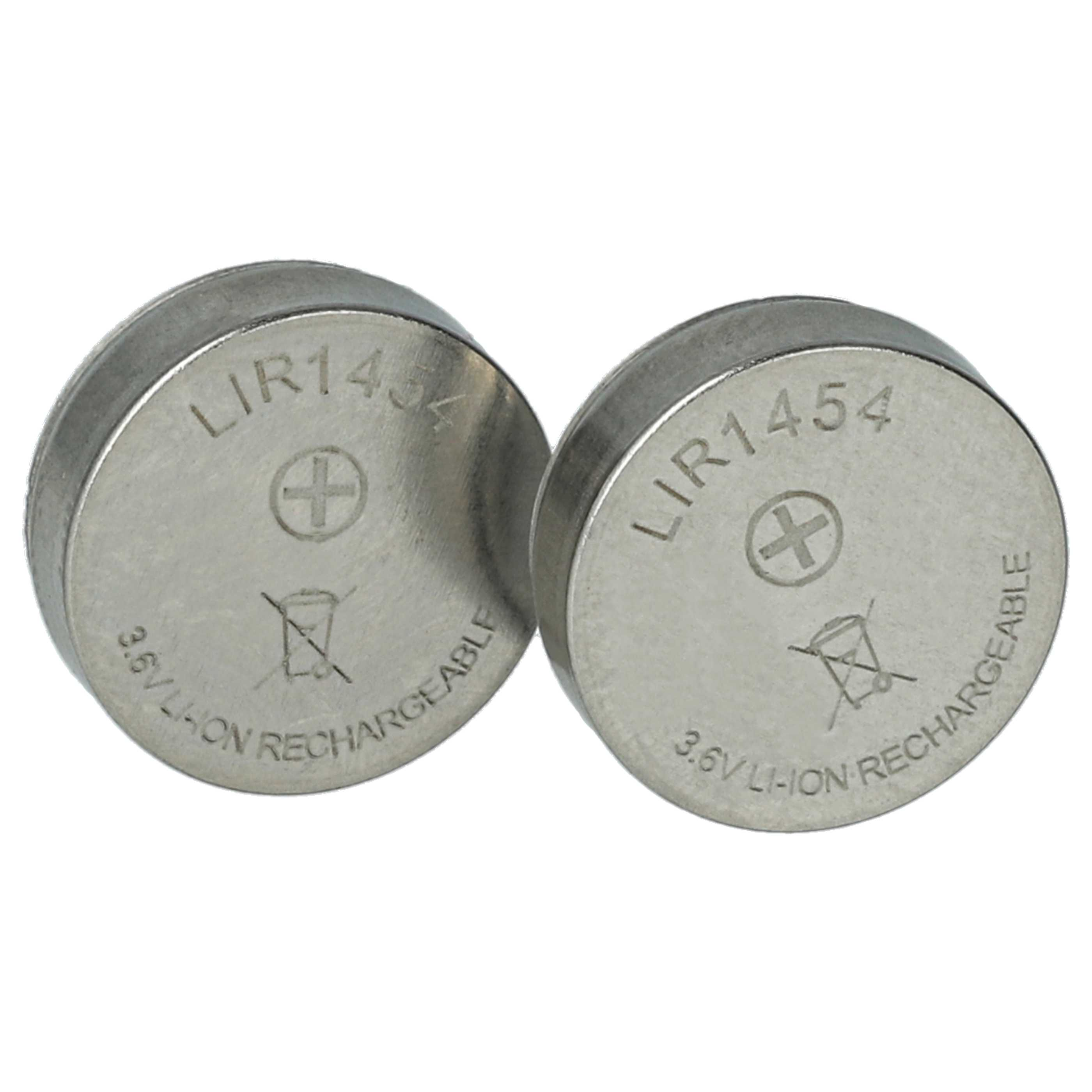 Zwei metallische LIR1454-Batterien mit Pluszeichen und Text auf der Oberseite. Sie sind 3,6 V Li-Ion wiederaufladbar.
