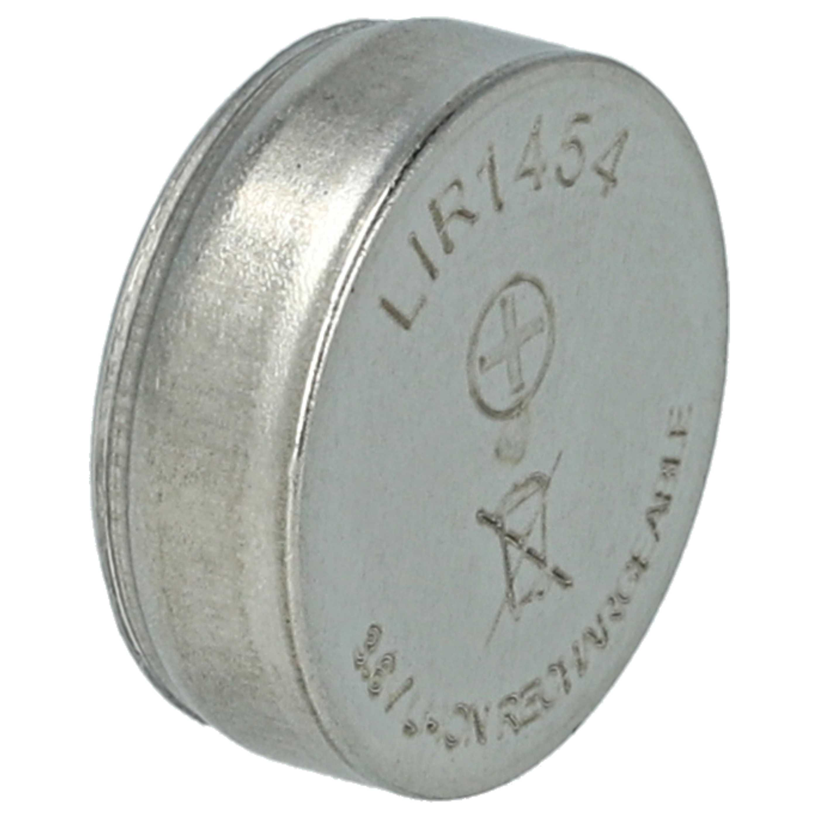 Eine silberne LIR1454-Knopfzellenbatterie mit Text und Symbolen auf der Oberseite.