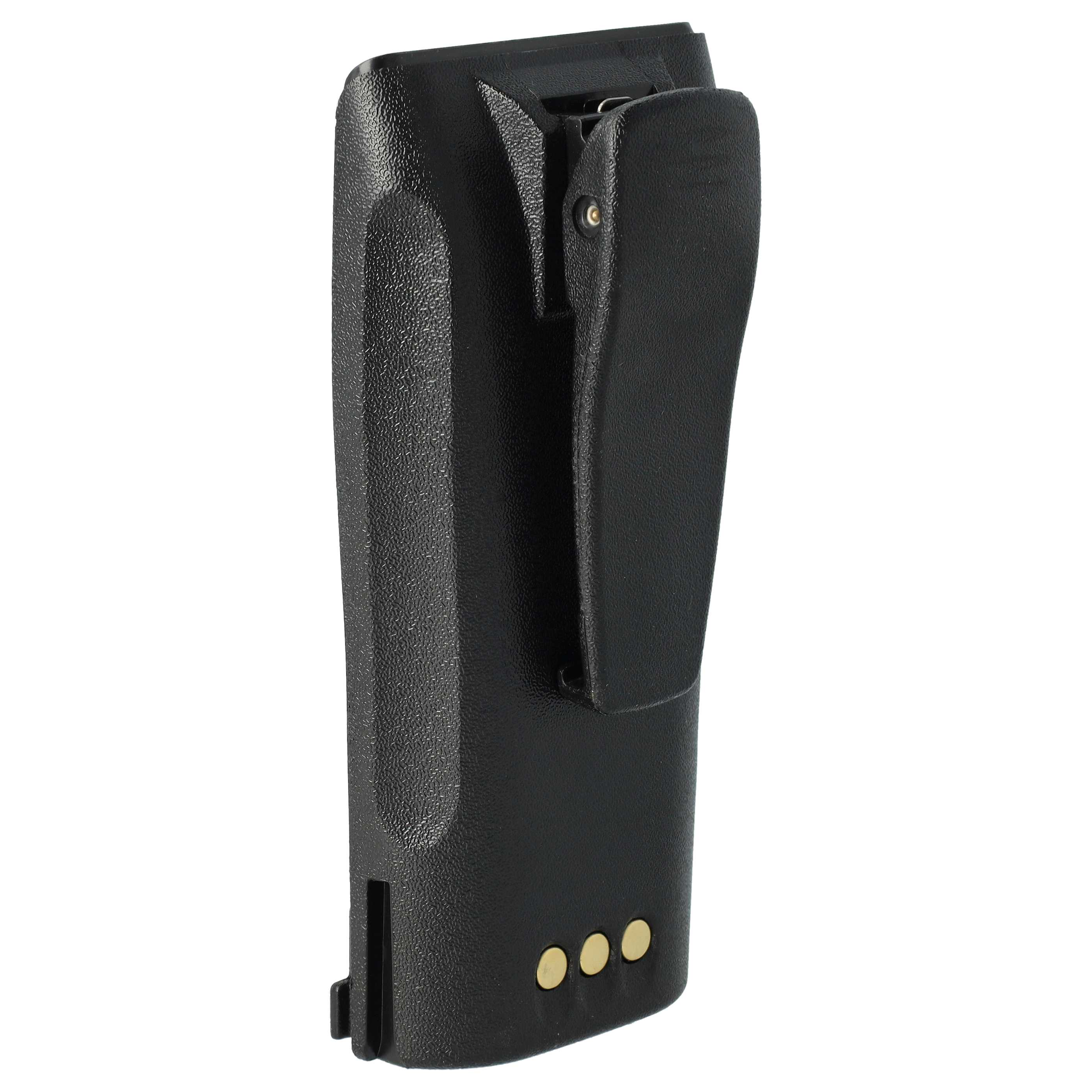 Ein schwarzes Walkie-Talkie-Akkupack mit Gürtelclip. Es hat drei goldene Kontaktpunkte und eine strukturierte Oberfläche.