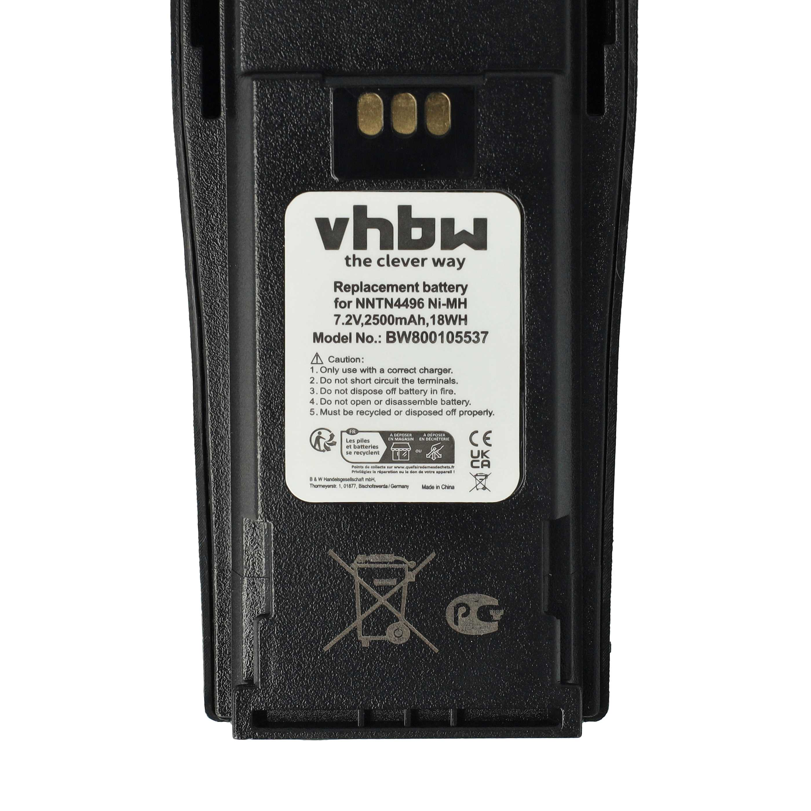 Schwarzer Akku mit weißem Etikett. Text: vhbw, Ersatzbatterie für NNTN4496. Enthält Warnungen und Recyclinghinweise.
