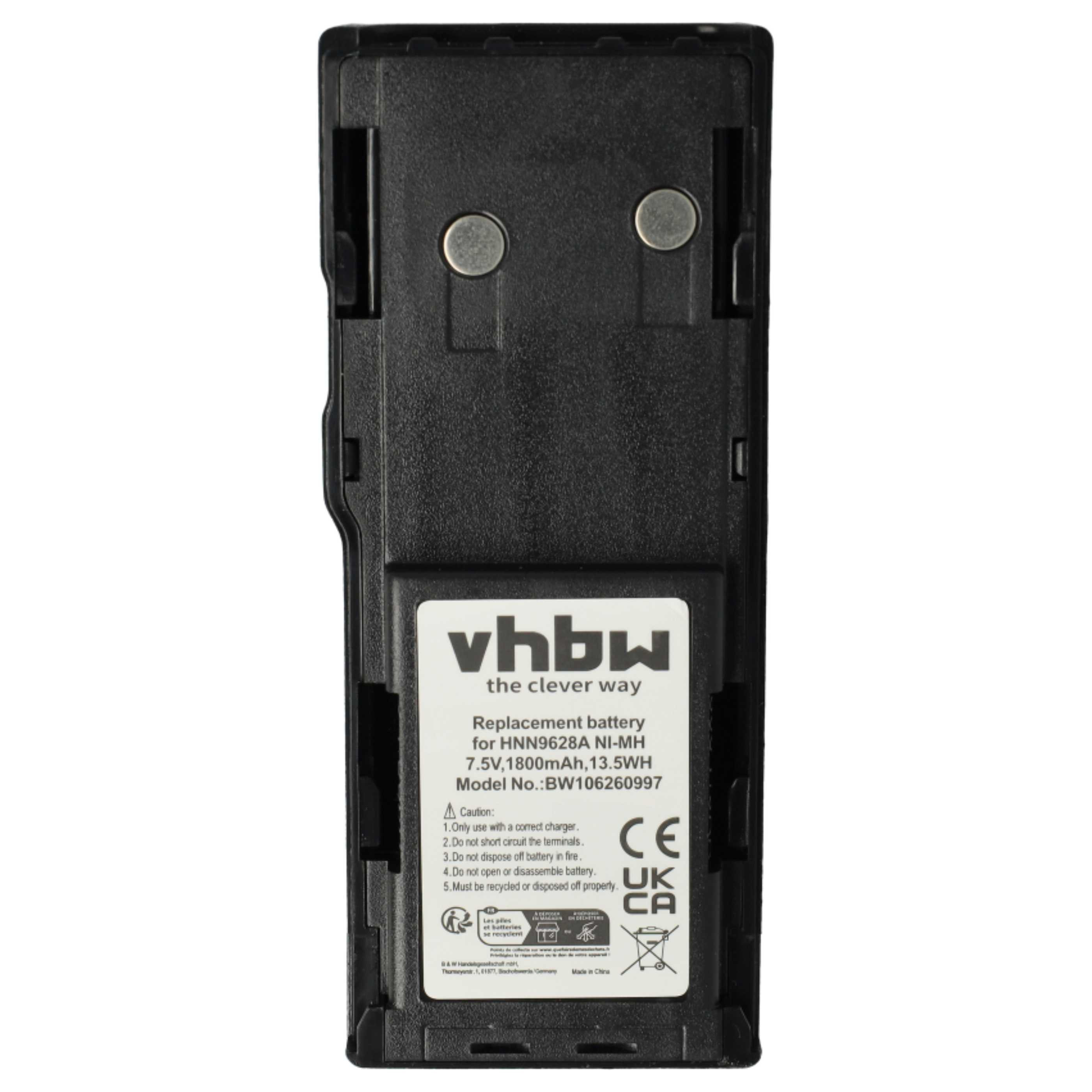 Schwarzer Akku mit weißem Etikett. Text enthält 'vhbw', 'Ersatzbatterie' und Sicherheitshinweise. Zwei silberne Kreise oben.