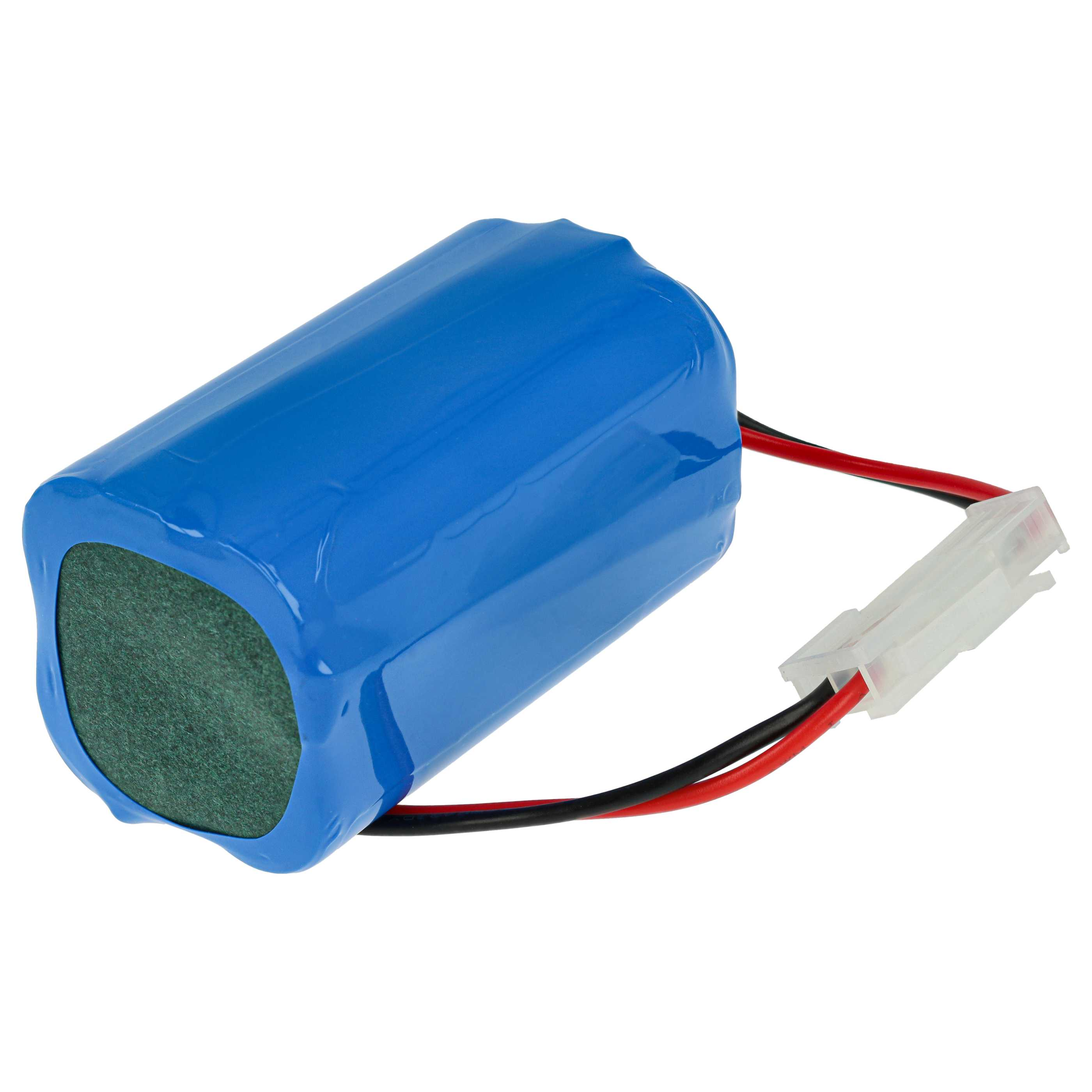 Eine blaue zylindrische Batterie mit schwarzen und roten Drähten und einem weißen Stecker. Das Ende der Batterie ist grün.