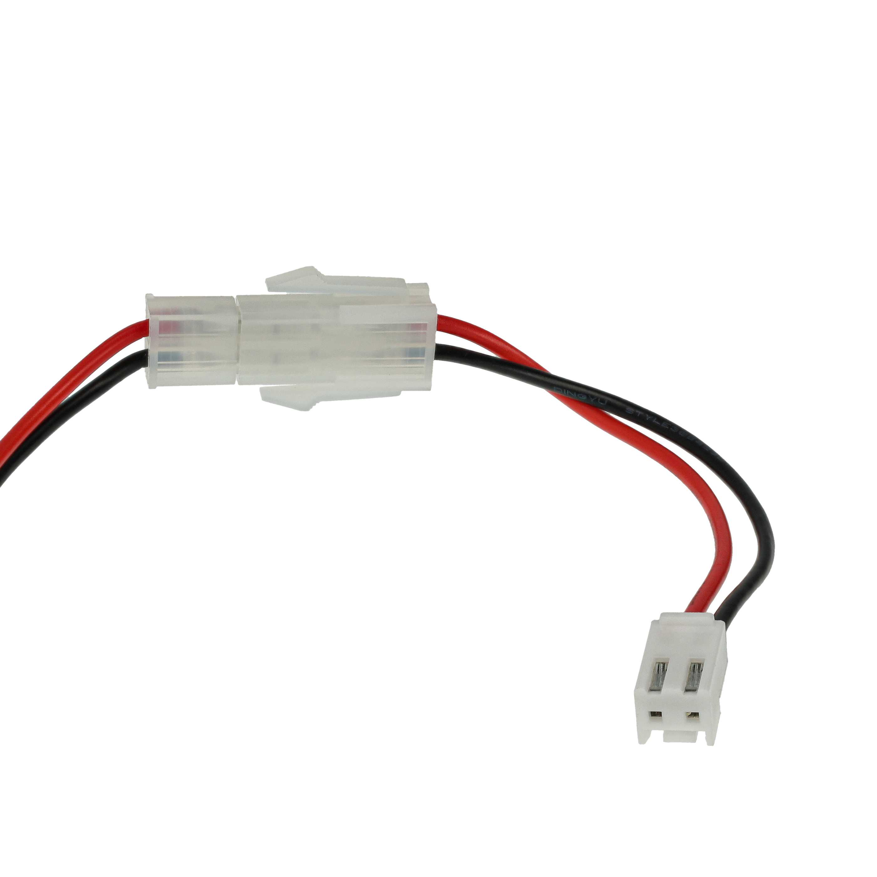 Weißer Kunststoffstecker mit roten und schwarzen Drähten. Der Stecker befindet sich oben, die Drähte krümmen sich nach unten.