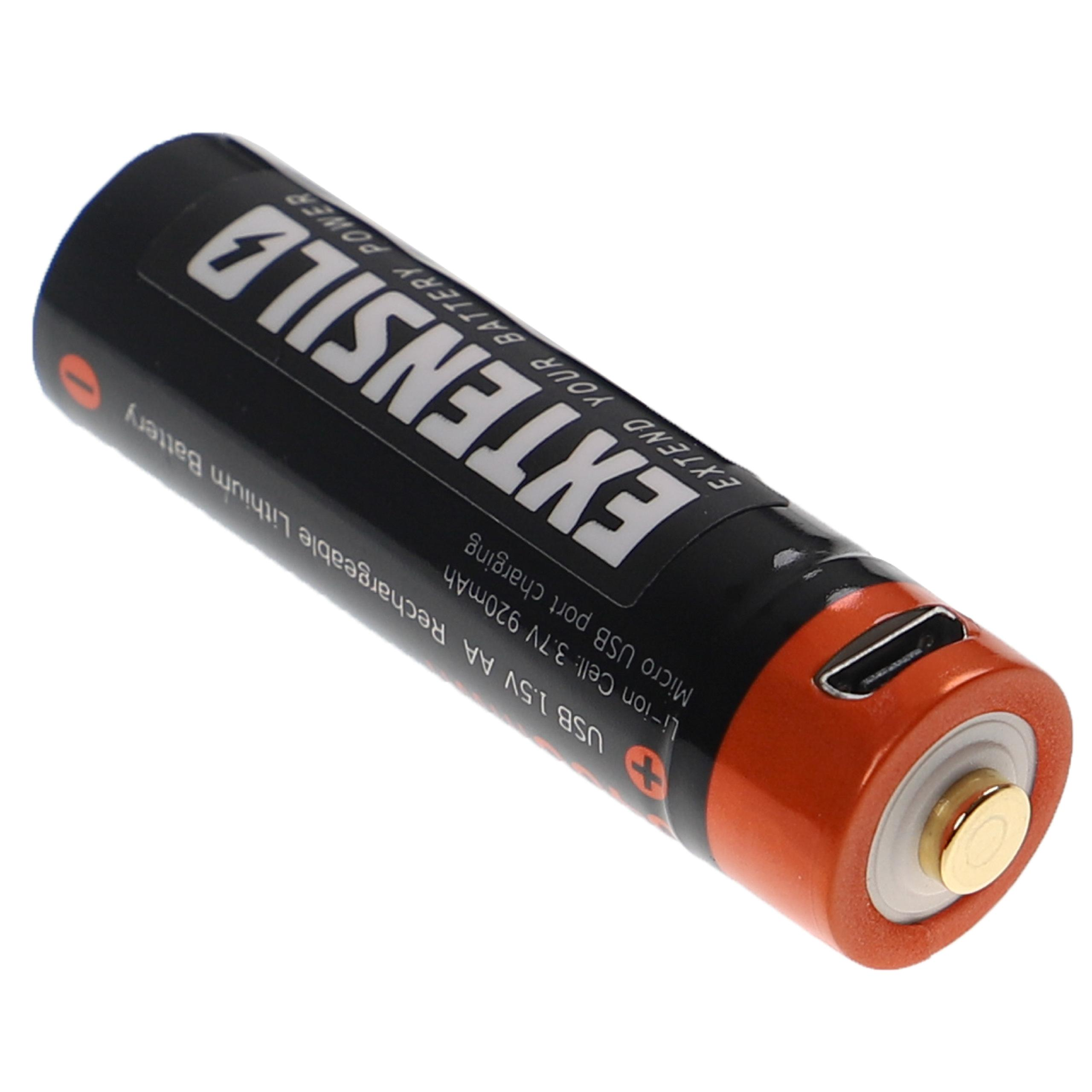 Eine schwarze und orangefarbene Extensild-Lithium-Ionen-Akkuzelle. Sie hat einen USB-Anschluss zum Laden.