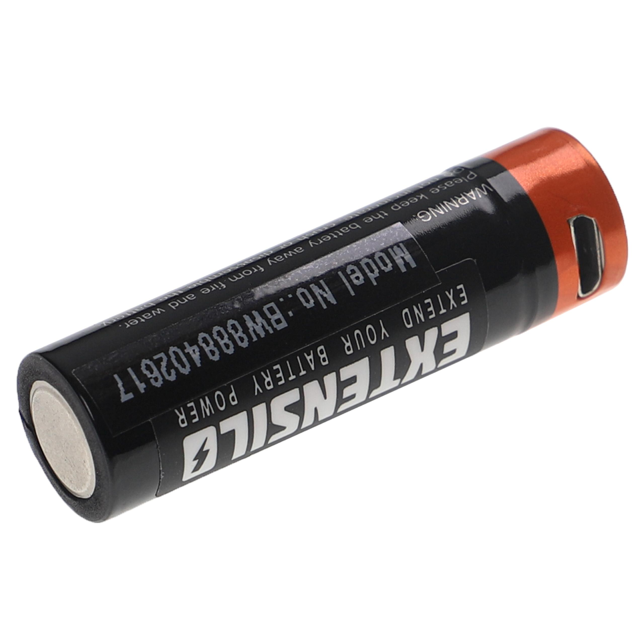 Eine schwarze und orangefarbene Batterie. Sie hat ein Etikett mit EXTENSILO und Warntext. Die Endkappen sind silber und orange.