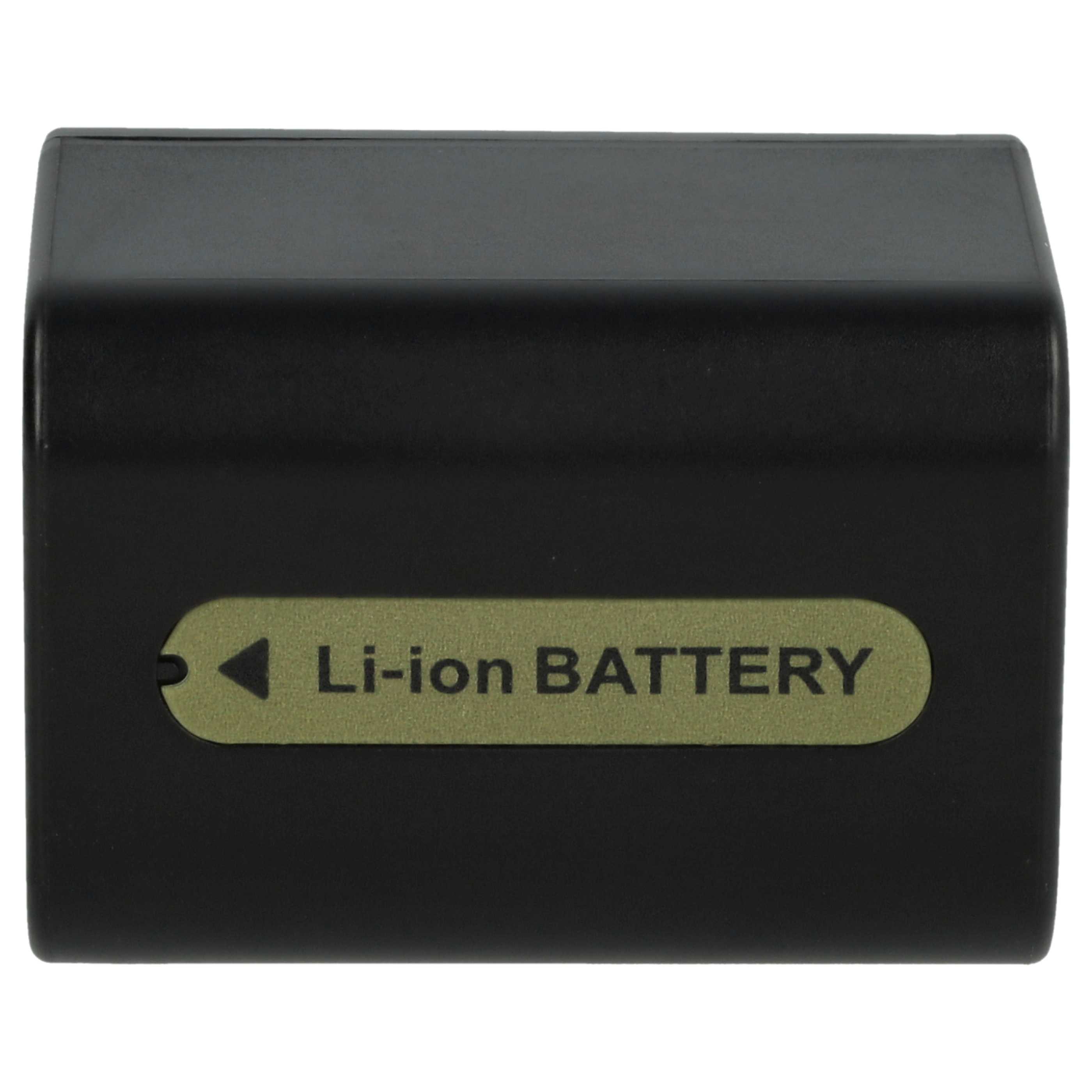 Ein schwarzer Li-Ionen-Akku mit grünem Etikett und weißem Hintergrund. Auf dem Etikett steht Li-ion BATTERY.