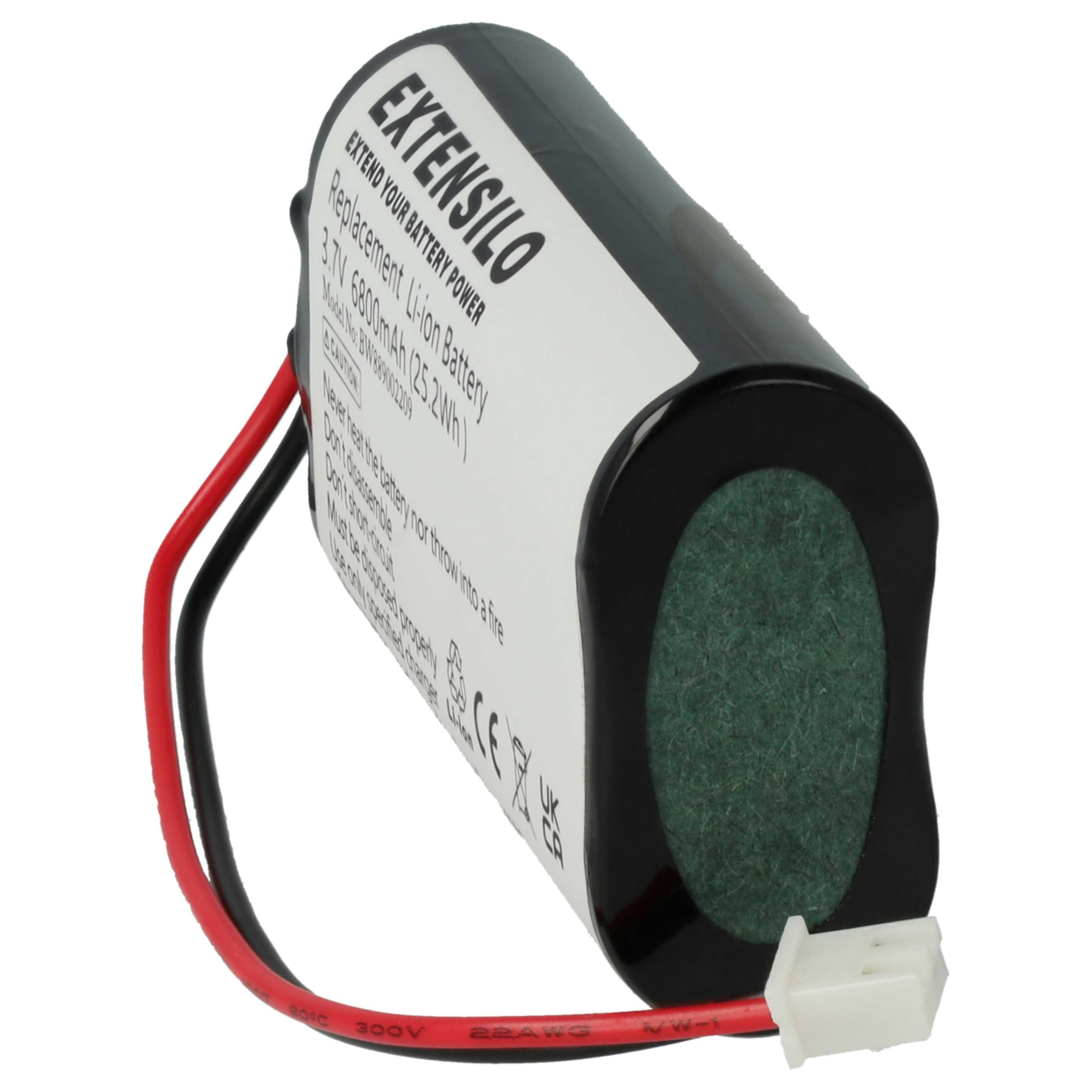 Eine zylindrische Batterie mit schwarz-weißen Etiketten. Rote und schwarze Drähte gehen von der Seite aus. Unten befindet sich ein weißer Stecker.