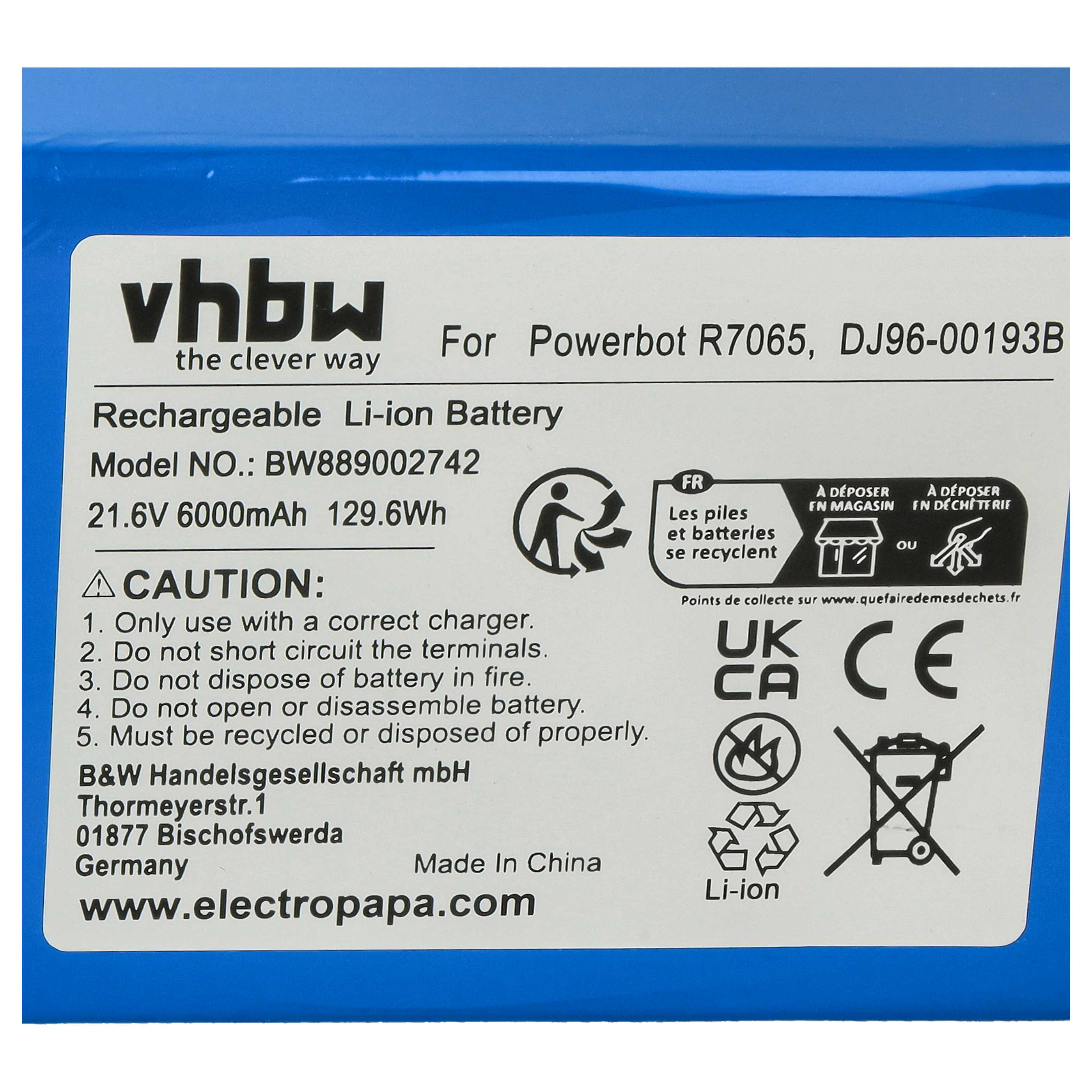 Ein Batterielabel mit Text und Symbolen. Es listet Warnhinweise, Spezifikationen, Recyclinganweisungen und eine Website-Adresse auf.
