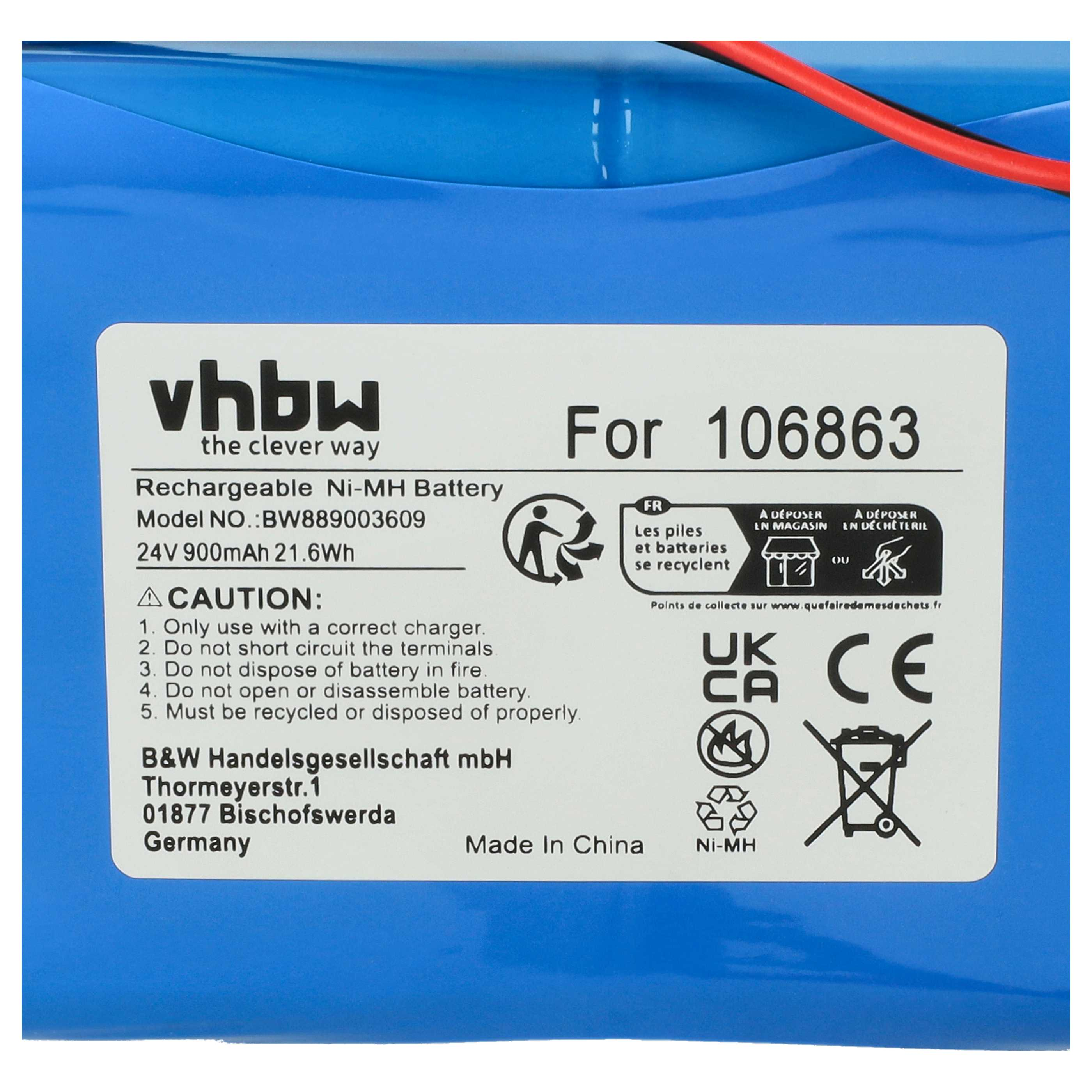 Blaue Batterie mit weißem Etikett. Text enthält 'vbhw', 'Rechargeable Ni-MH Battery', '106863' und Recyclingsymbole.