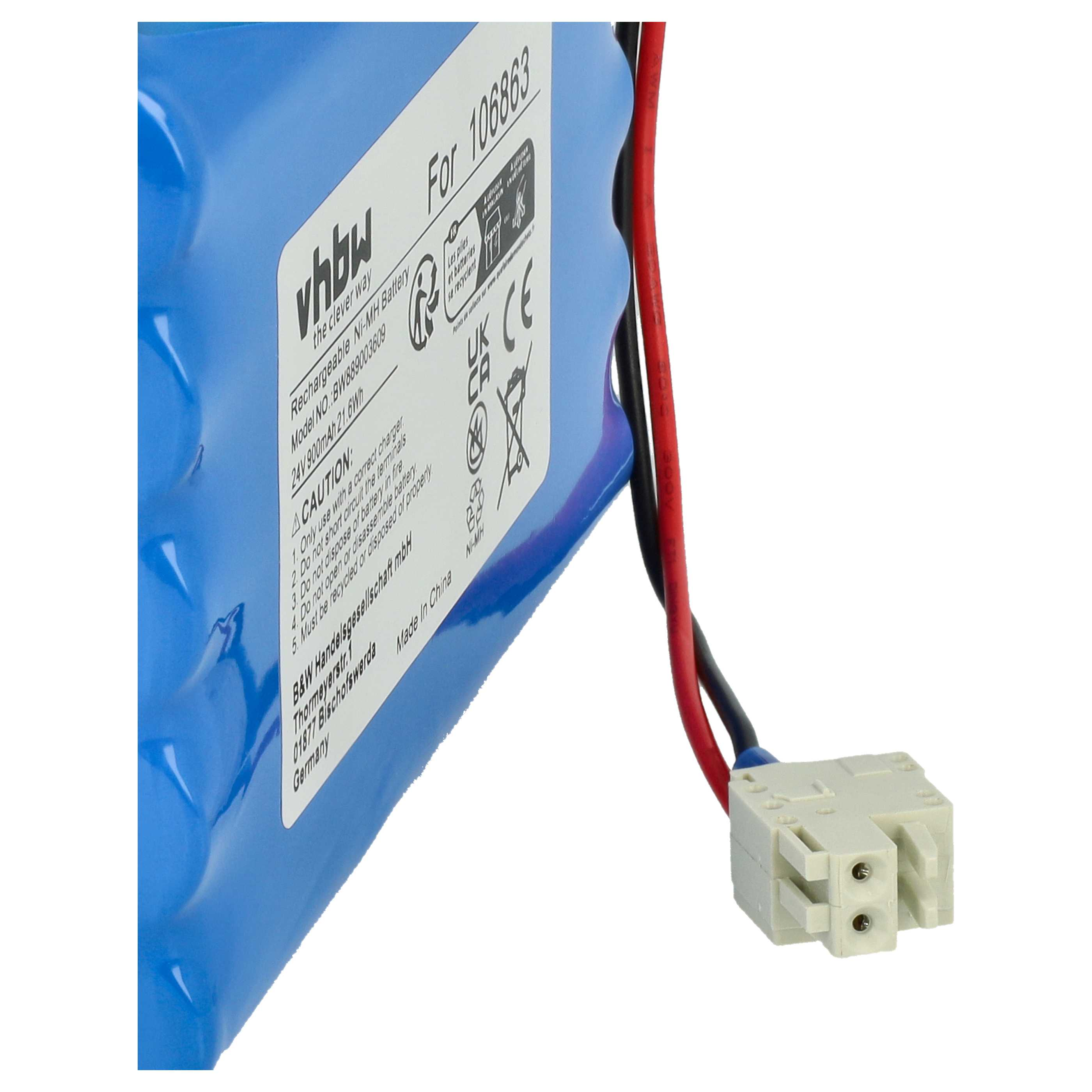 Blaue Batterie mit Etikett, schwarzen und roten Drähten und einem weißen Stecker. Text enthält Modellnummer und Warnhinweise.