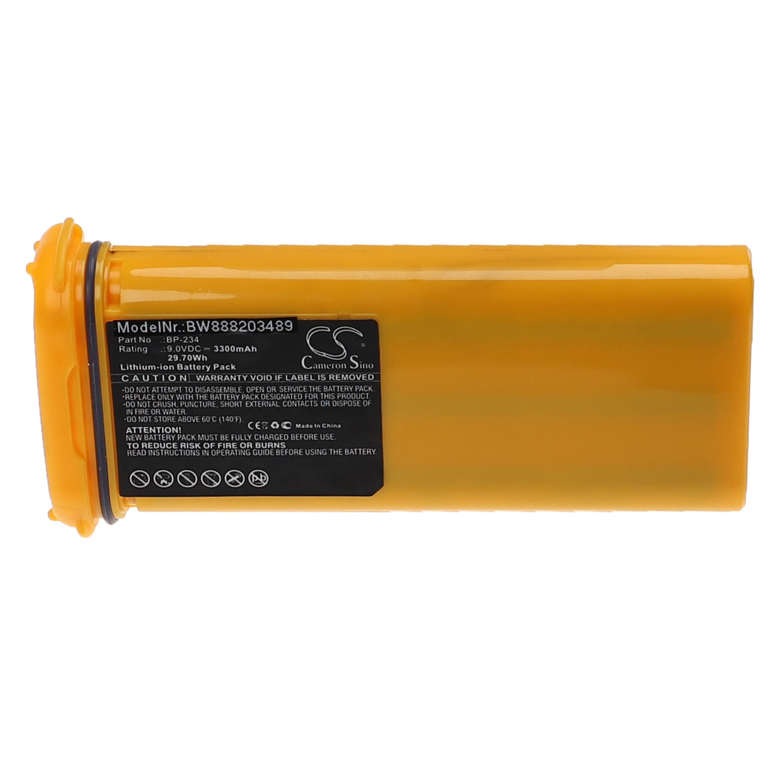 Ein gelbes Batteriepack mit schwarzem Text und einer schwarzen Dichtung. Es hat ein Etikett mit Spezifikationen und Warnhinweisen.