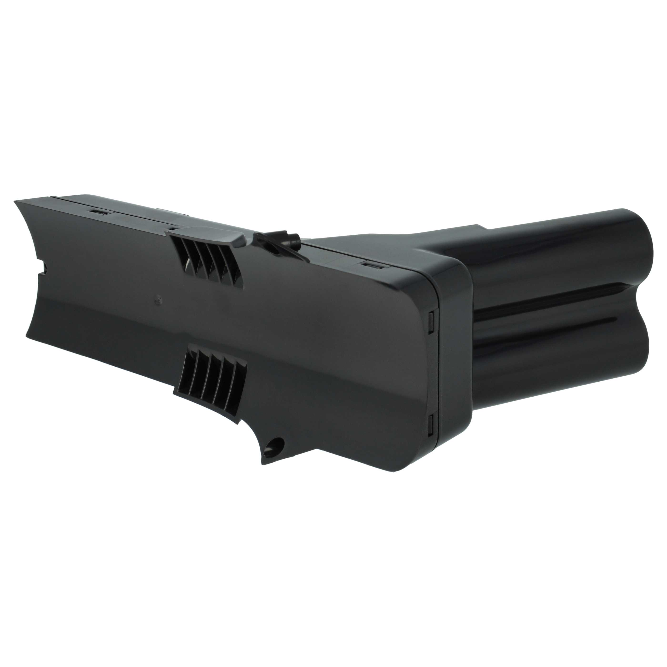 Eine schwarze, abgewinkelte Kunststoffkomponente, wahrscheinlich ein Batteriegehäuse, auf weißem Hintergrund. Es hat eine komplexe Form mit Lüftungsschlitzen.