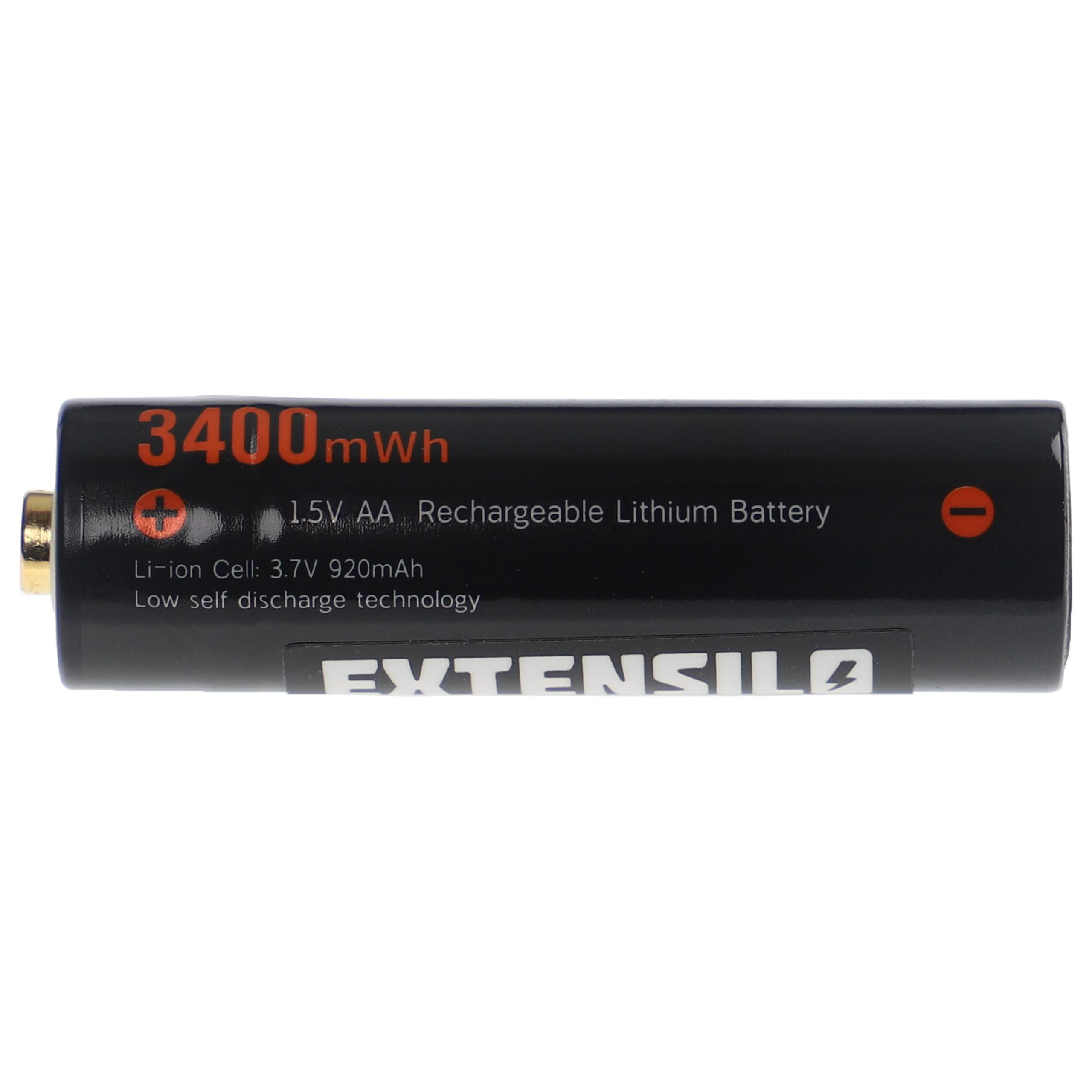 Eine schwarze AA-Batterie mit roter Aufschrift '3400mAh' und '1,5V AA wiederaufladbare Lithiumbatterie'.