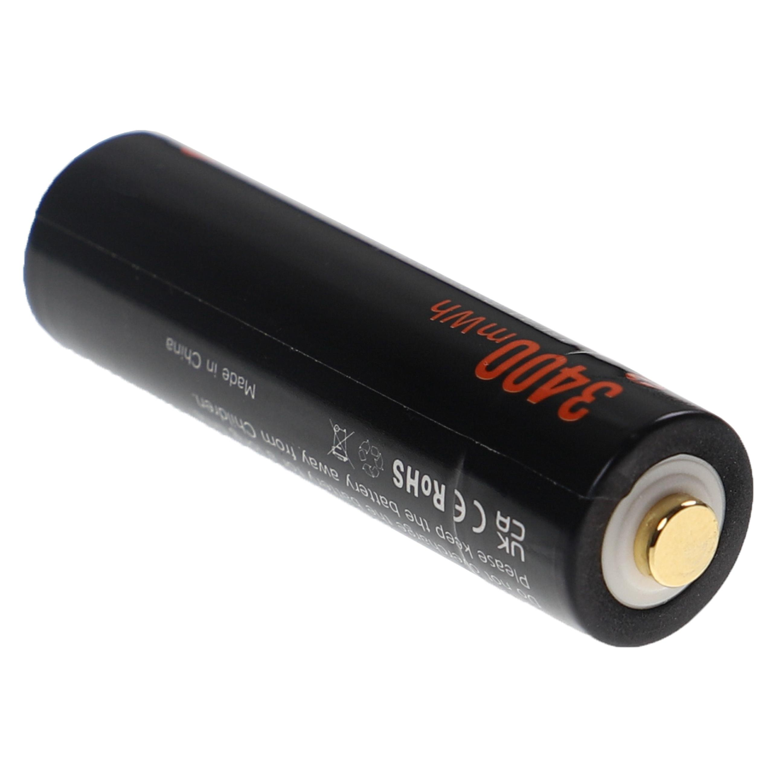 Eine schwarze Batteriezelle mit Goldkontakt. Sie hat rote Markierungen für die Leistungskapazität und regulatorische Symbole.