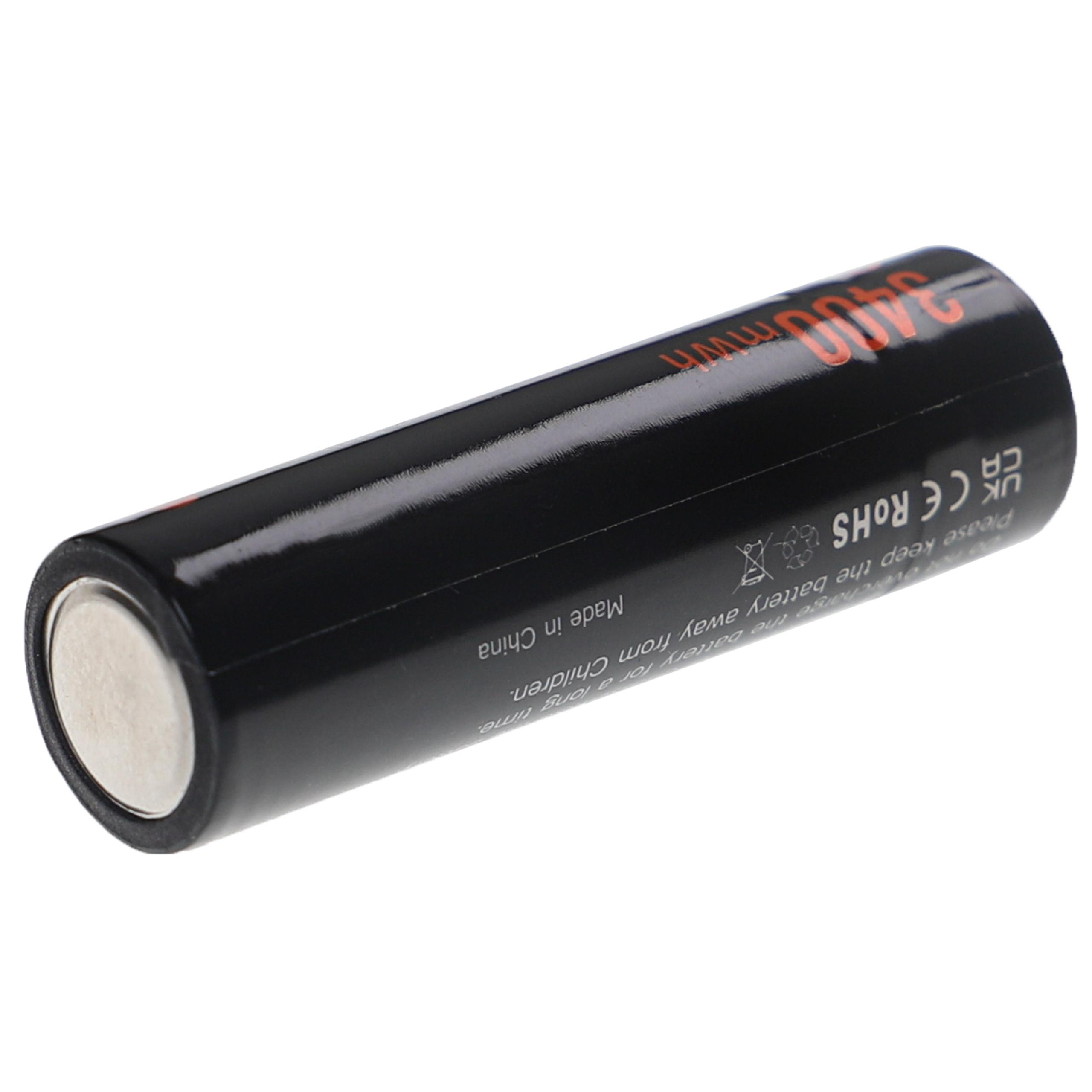 Eine schwarze zylindrische Batterie mit rotem Text, der die Spannung angibt, und metallischen Enden. Der Text 'Made in China' ist sichtbar.