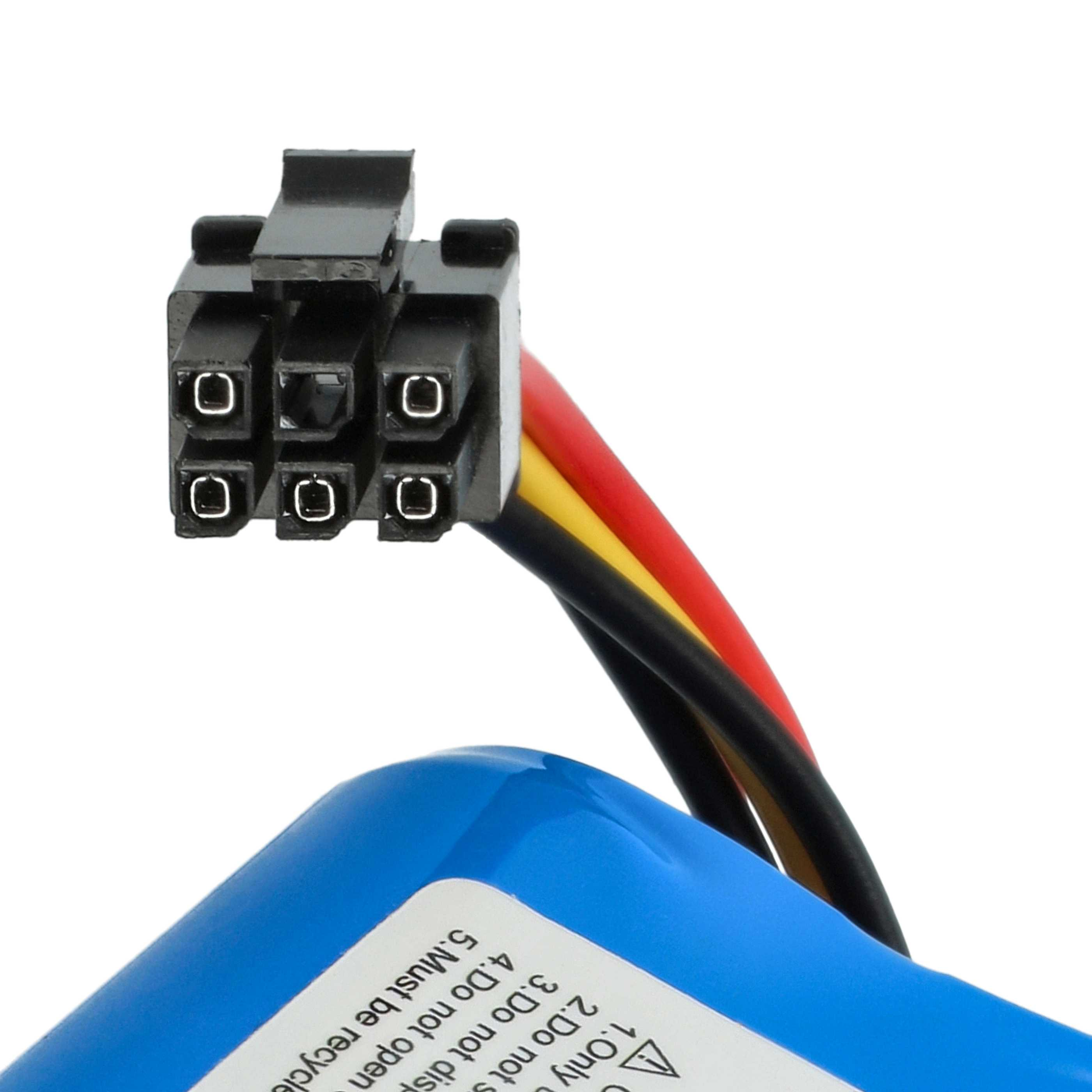 Ein schwarzer Stecker mit Drähten und einer blauen Batteriebasis. Drähte sind rot, gelb und schwarz. Warnhinweis ist sichtbar.