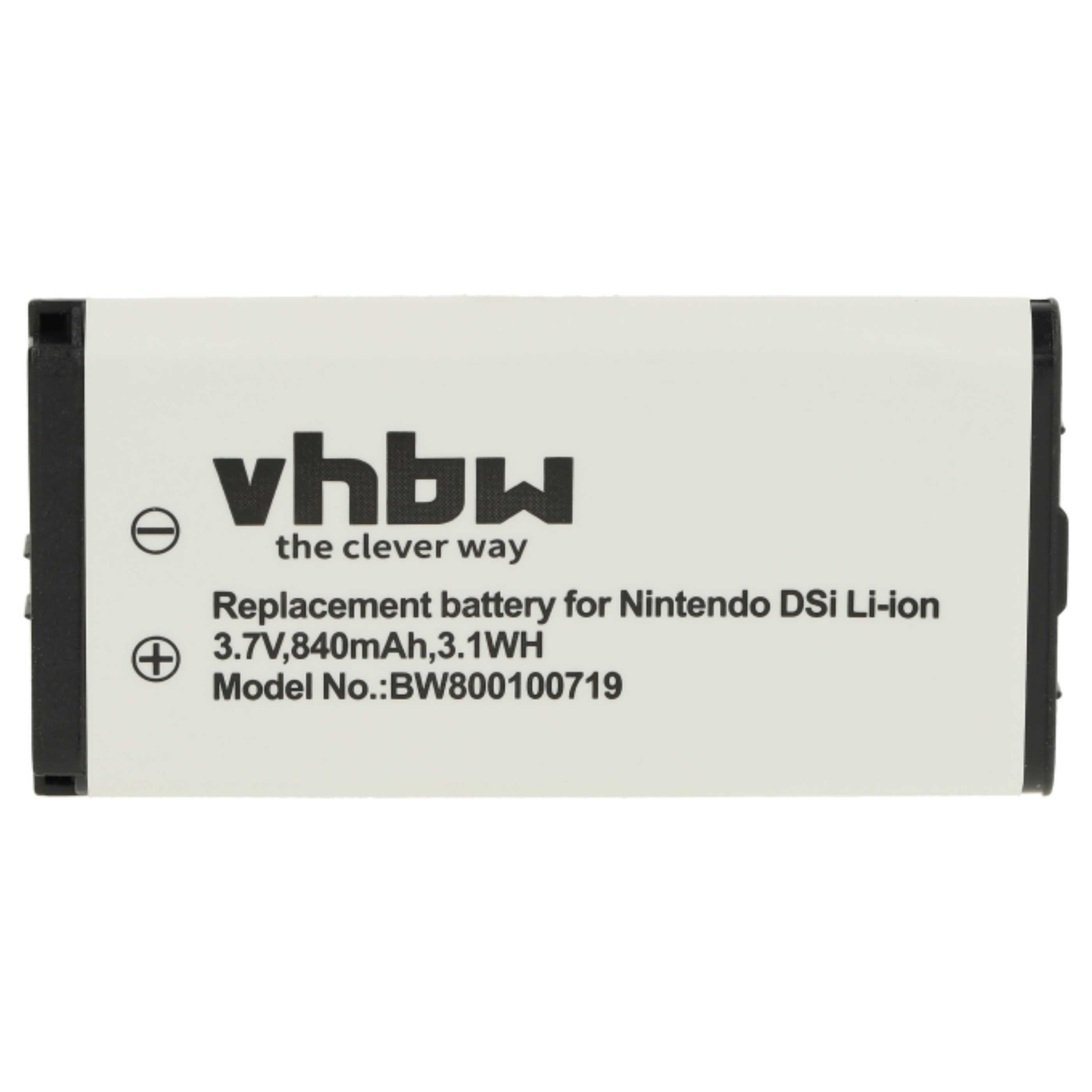 Ein weißer Akku mit schwarzen Rändern. Text enthält 'vhbw', 'Ersatzbatterie für Nintendo DSi Li-ion' und Modellnummer.
