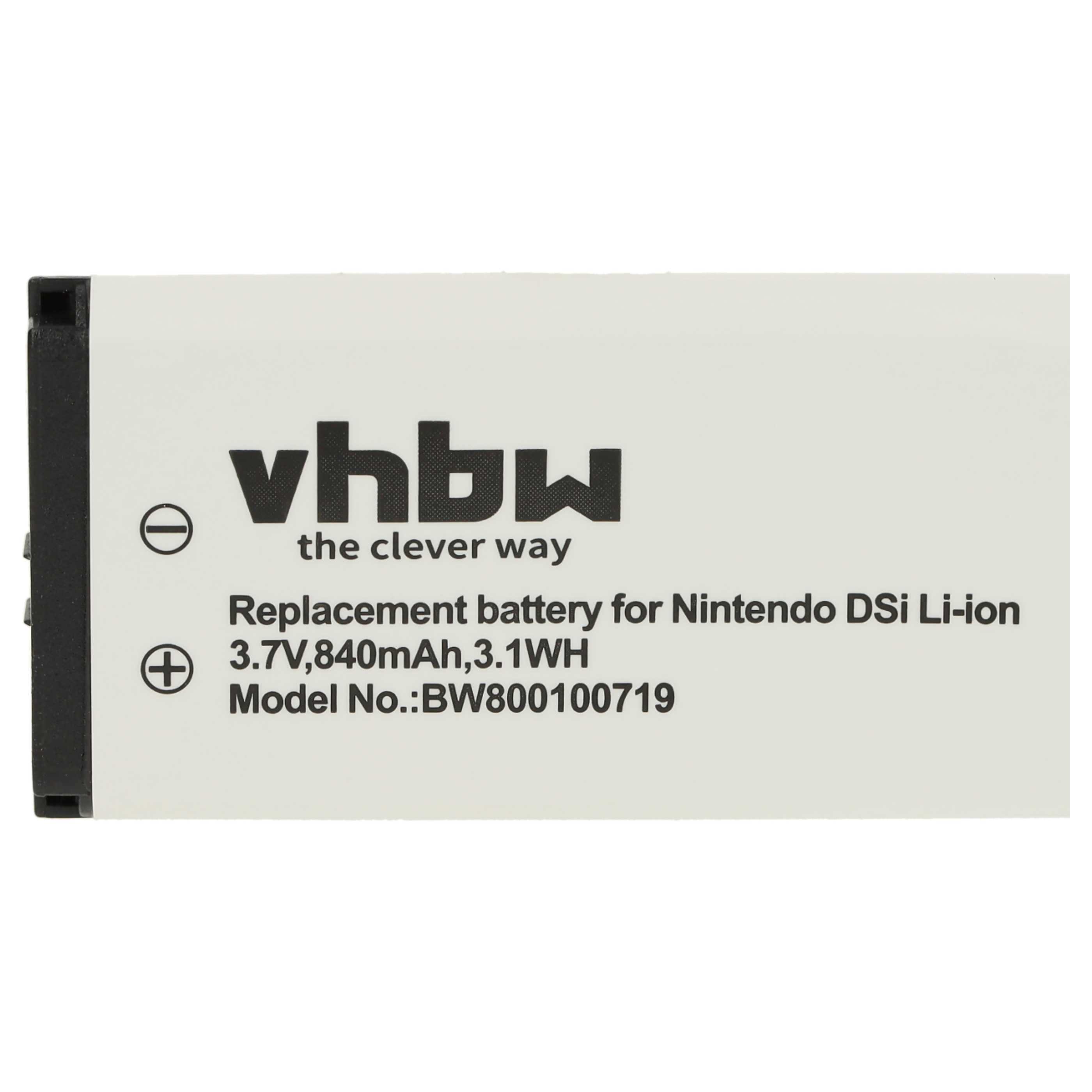 Weißer Akku mit schwarzem Rand. Es steht vhbw, Ersatzakku für Nintendo DSi, 3,7 V, 840 mAh und Modellnummer.