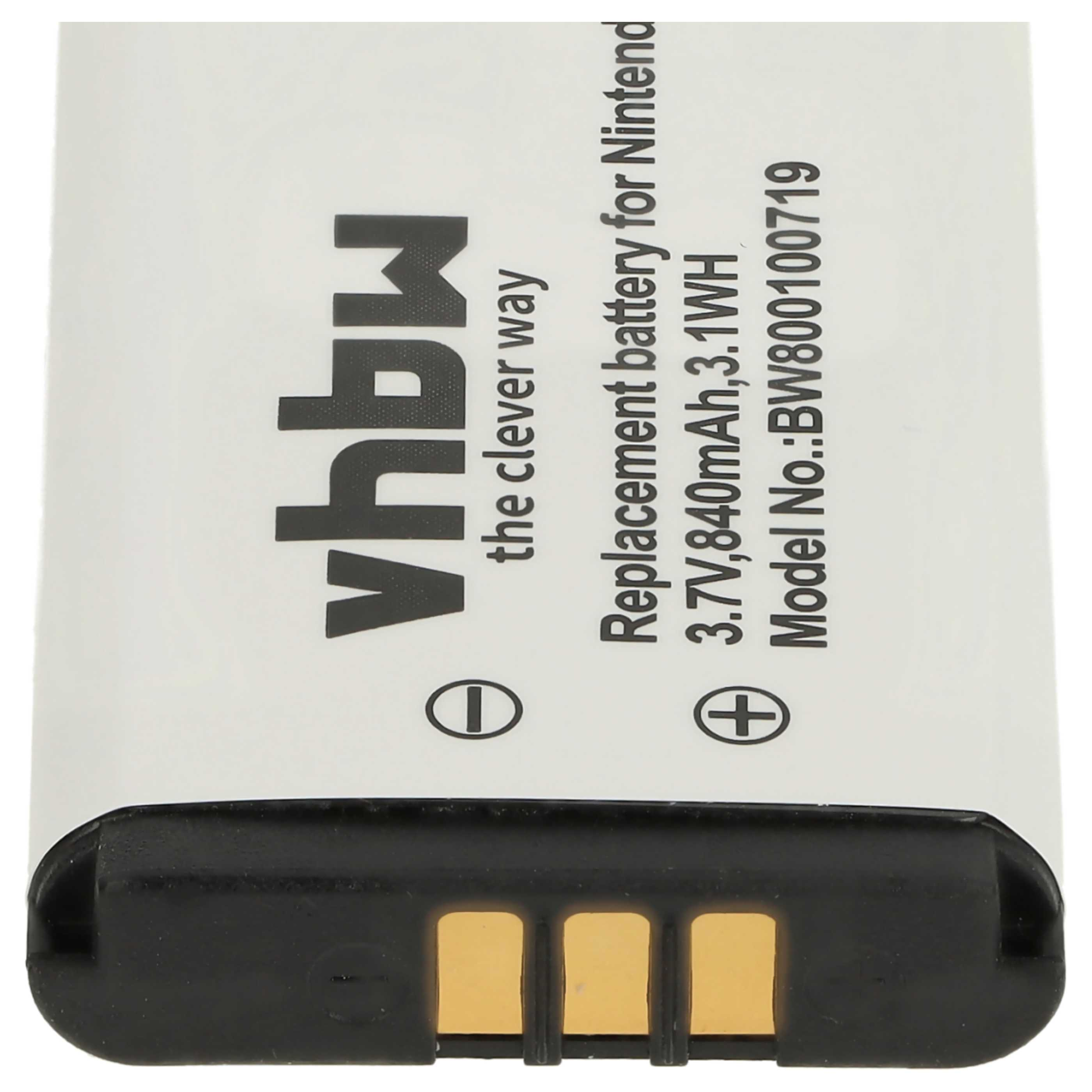 Ersatzbatterie für Nintendo. Weißer Hintergrund mit schwarzem Text und schwarzer Basis. Enthält Markenname und Spezifikationen.