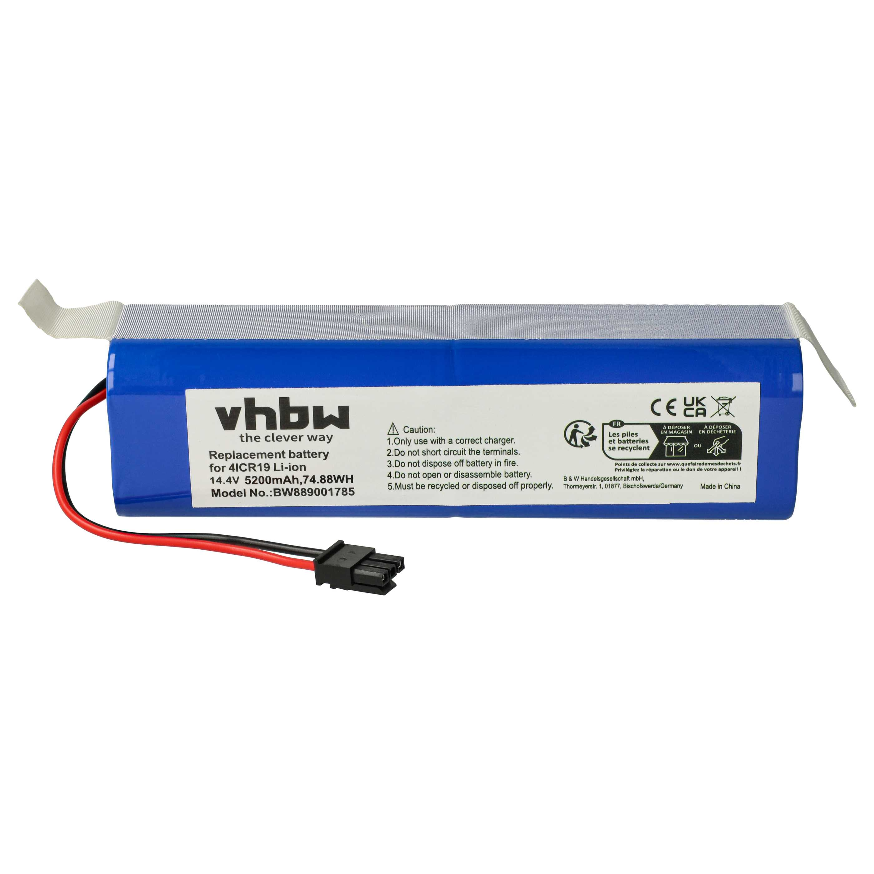 Blaue Batterie mit weißem Etikett und schwarzem Stecker. Text: vhbw, Ersatzbatterie, 14,4 V 5200 mAh. Warnungen und Recycling-Symbole.
