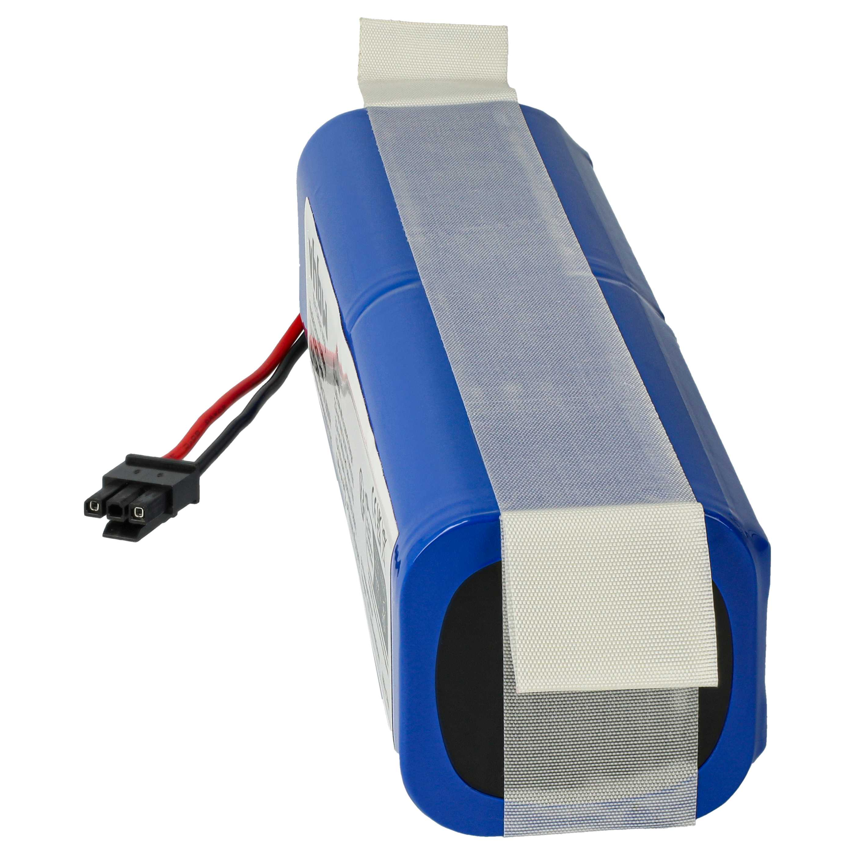 Ein blaues rechteckiges Akkupack mit weißem Klebeband und einem schwarzen Stecker mit roten und schwarzen Drähten.